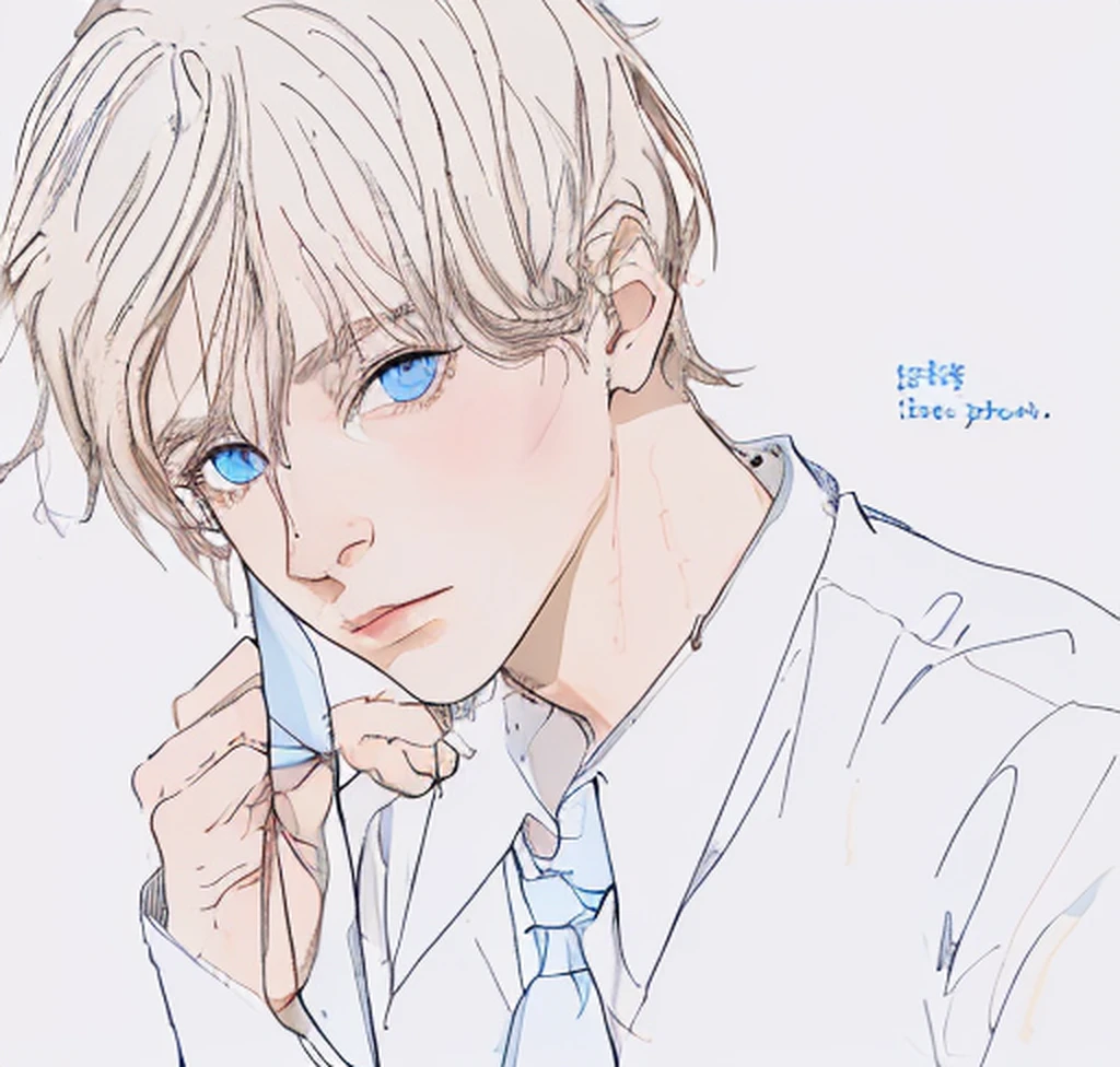 Brown hair, blue eyes, and a blue tie