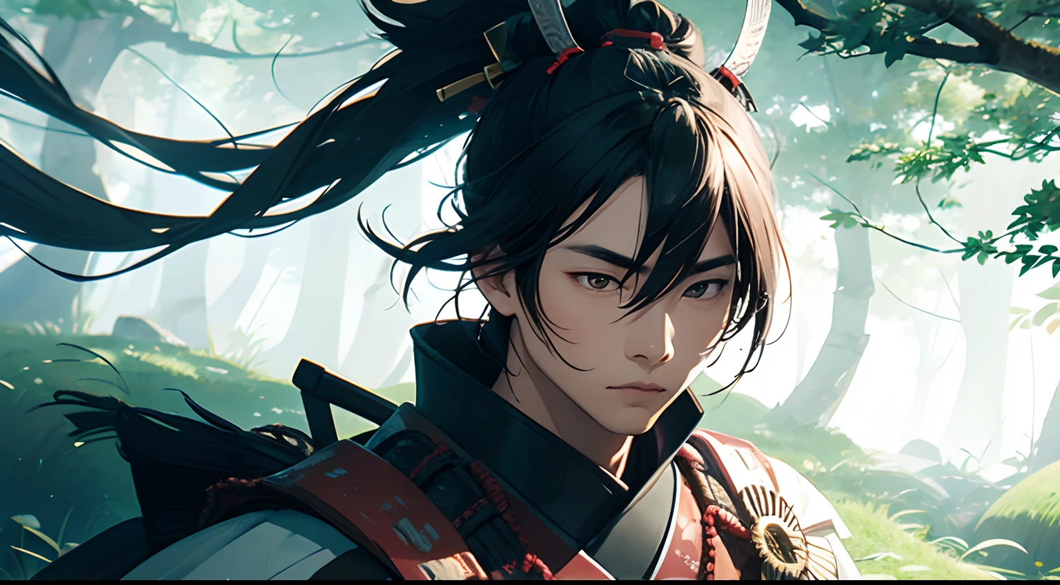 Create an illustration of a samurai in a bright forest.
