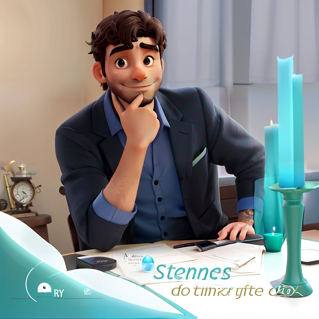 Um homem vestindo um terno como o do Jack skellington, veste uma capa de bruxo prata, Next to it is a small round table with a golden candlestick and in the background a window, cortinas cor de vinho, poses while looking at the camera sideways, cabelos pretos, rosto sem barba, rosto magro, In his hand a dark Zul umbrella, The sky that appears in the window is dark and starry