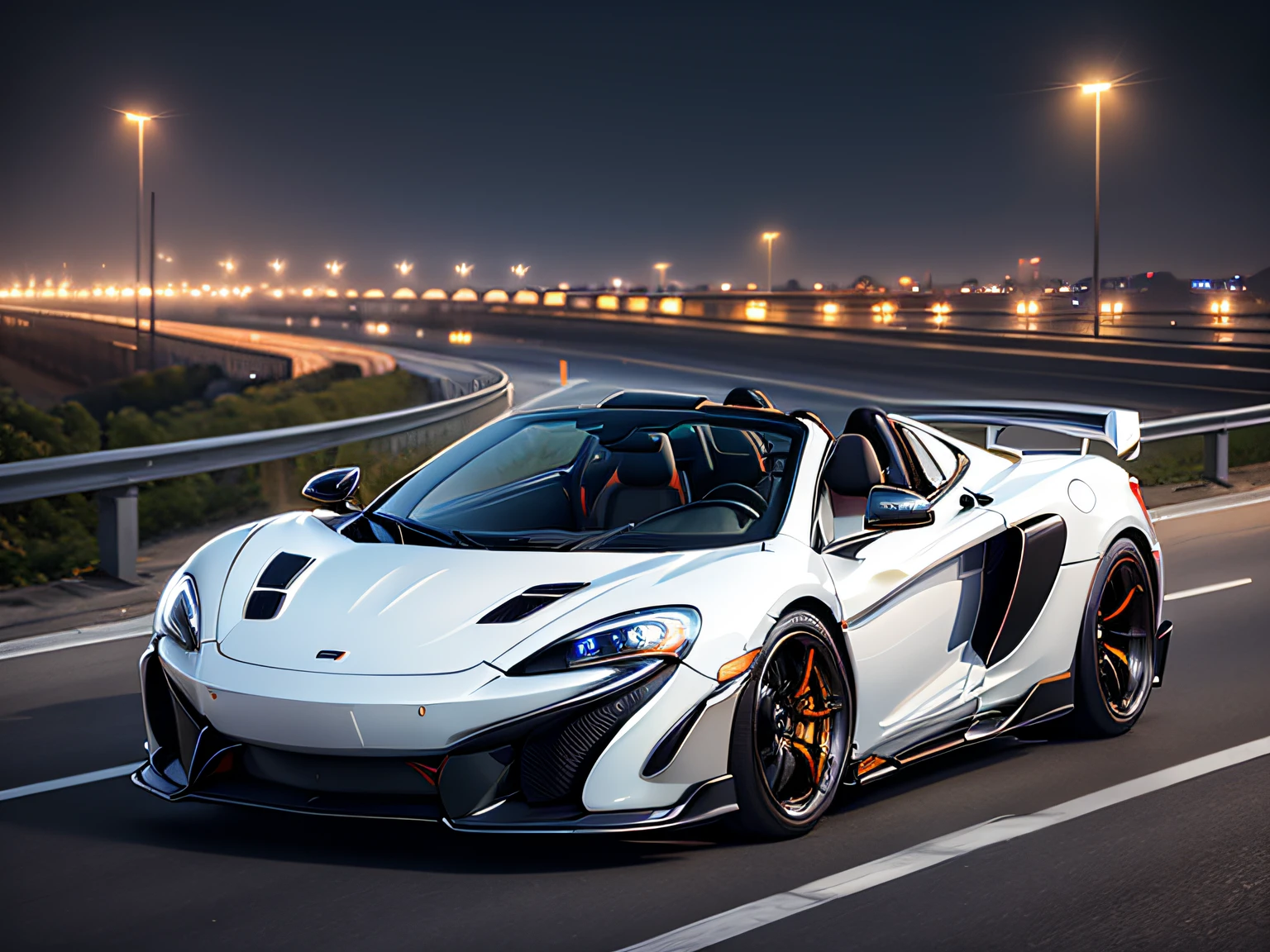 超A high resolution、An ultra-high picture quality、8K、Detailed details、marvelous expression、Big city at night、 McLaren 675LT Spider(Pearl White)Driving on the highway、Turn on the headlights、Ride beautifully through the highway at night、