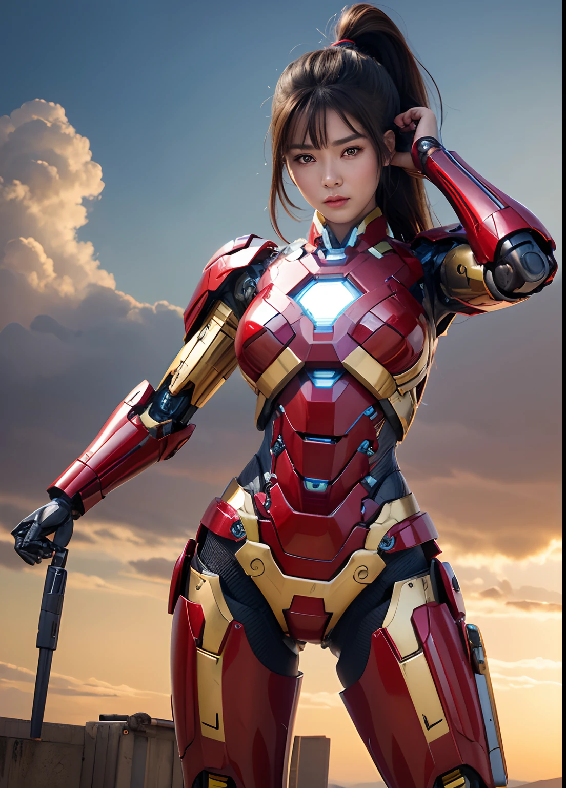 Textured skin, Super Detail, high details, High quality, Best Quality, hight resolution, 1080p, hard disk, Beautiful,(Iron Girl),beautiful cyborg woman,Mecha Cyborg Girl,Battle Mode,Girl with a Mecha Body,She wears an Iron Man mech,