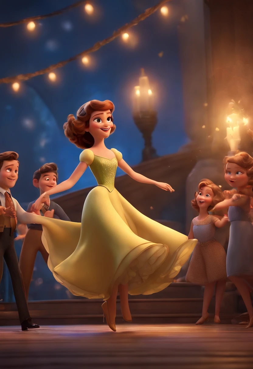 "(best quality,ultra-detalhado,Realistic:1.37),3D rendering,illustration,design de personagens,cabelos curtos e cacheados escuros,belos olhos detalhados,wearing white glasses,Estilo Pixar,morena mulher,Dancing on the Disney stage,atmosfera animada,vivid colors,luzes de palco,expression joyful"