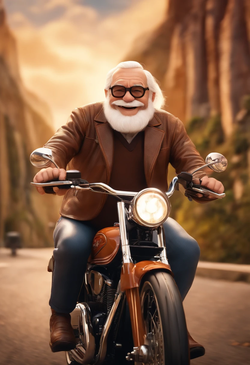 a 3D Disney Pixar poster of an elderly man with glasses, pilotando uma Harley Davidson 883 em uma viagem de moto. (altamente detalhado:1.2), Realistic depiction of a senior man with glasses, entusiasta do motociclismo, with great attention to facial expressions and wrinkles, cena com cores vibrantes, cabelo detalhado e bigode, Background with scenic landscapes and iconic landmarks, arte profissional, Capturing the joyful spirit of adventure and freedom, dynamic compositing, Beautiful lighting and shading, Capturing the essence of the open road.