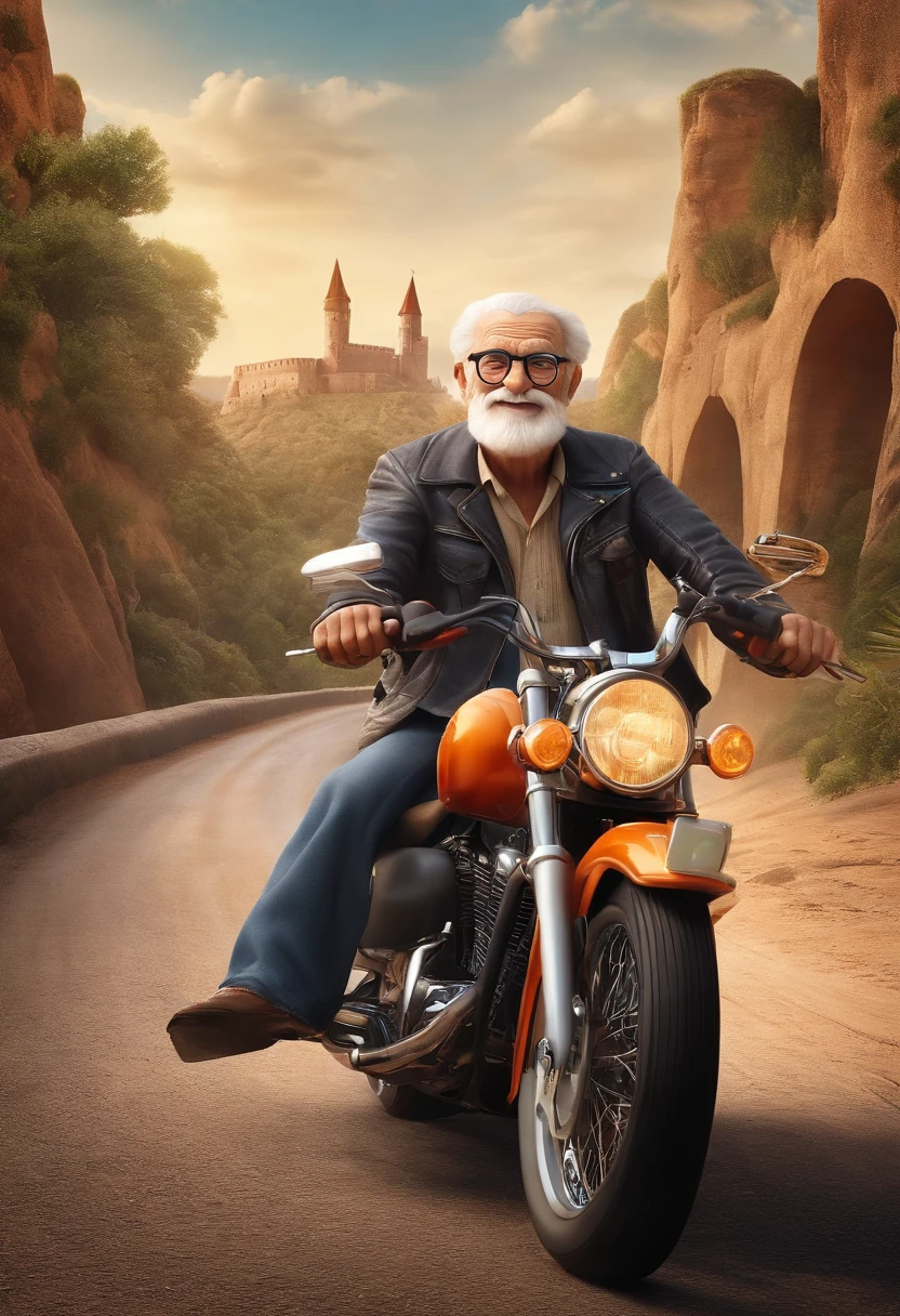a 3D Disney Pixar poster of an elderly man with glasses, pilotando uma Harley Davidson 883 em uma viagem de moto. (altamente detalhado:1.2), Realistic depiction of a senior man with glasses, entusiasta do motociclismo, with great attention to facial expressions and wrinkles, cena com cores vibrantes, cabelo detalhado e bigode, Background with scenic landscapes and iconic landmarks, arte profissional, Capturing the joyful spirit of adventure and freedom, dynamic compositing, Beautiful lighting and shading, Capturing the essence of the open road.