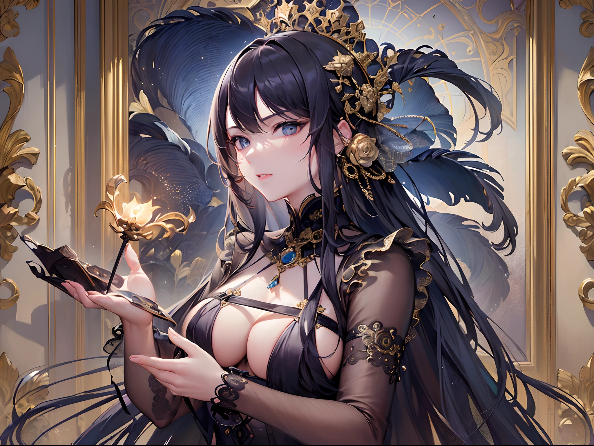 ((Finest quality)),(超A high resolution),(ultra-detailliert),(Meticulous portrayal),((best pictures)),(Finest works of art),Ultra-Precision Art,The art of astounding depiction, (1人の女性:1.5),bewitching,stare, (Luxury bed:1.5),Flickering light
