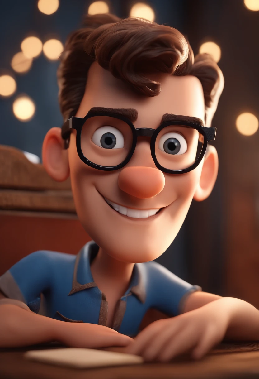 Cartoon character of a man with black glasses and a blue shirt, animation character, Caractere estilizado, animation style rendering, 3D estilizado, Arnold Maya render, 3 d render stylized, toon render keyshot, Personagem 3D, Personagem 3D, 3d rendering stylized, 3 d character render, personagem de desenho animado, Personagem de close up, Pose de personagem,  (Estilo Pixar) (master part:1.2) (Bokeh) (best quality) (pele detalhada) (textura detalhada) (8k) (argila) (Cinematic lighting) (foco nítido