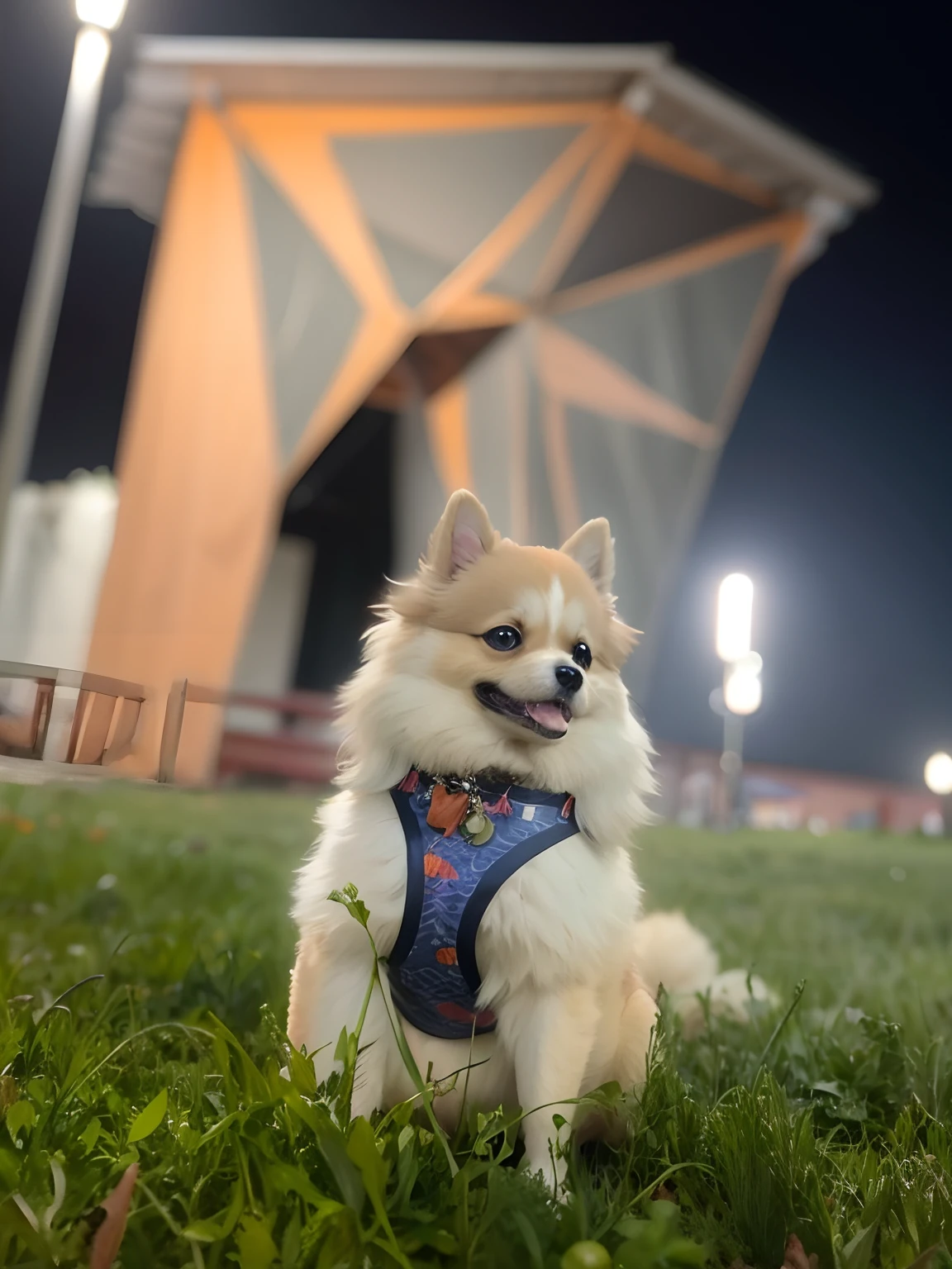 Pomeranian puppy Lulu sitting by pumpkins, luzes de fadas, Bruxas de Halloween tem, fantasia, arte digital