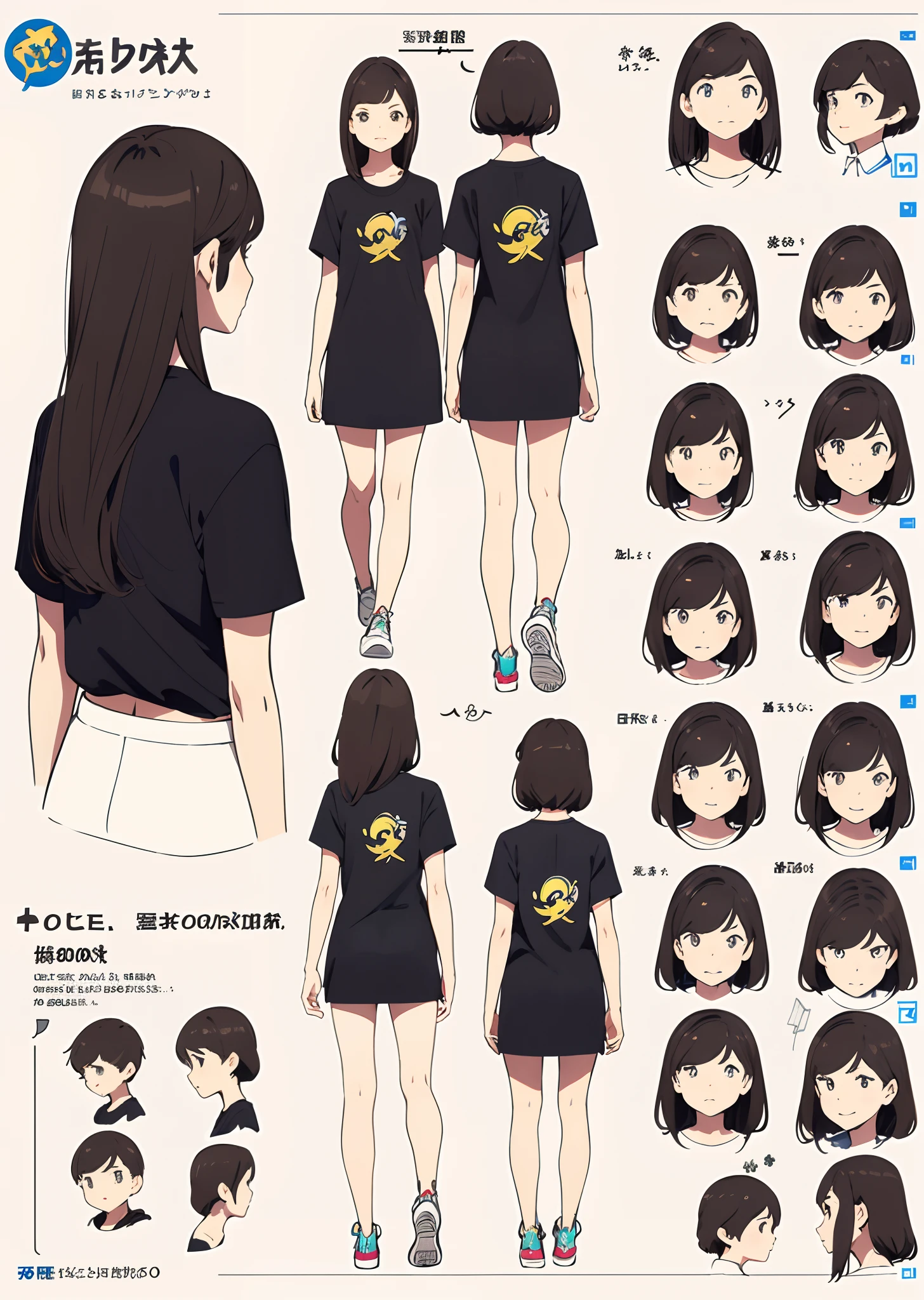 （full bodyesbian）（Same character front、on  back、the sideview）（model sheet）（Multiple views of the same role） girl with long side bangs，By bangs，Very long brown hair and short sleeves sneakers with the same character on the front、Lateral face、on  back