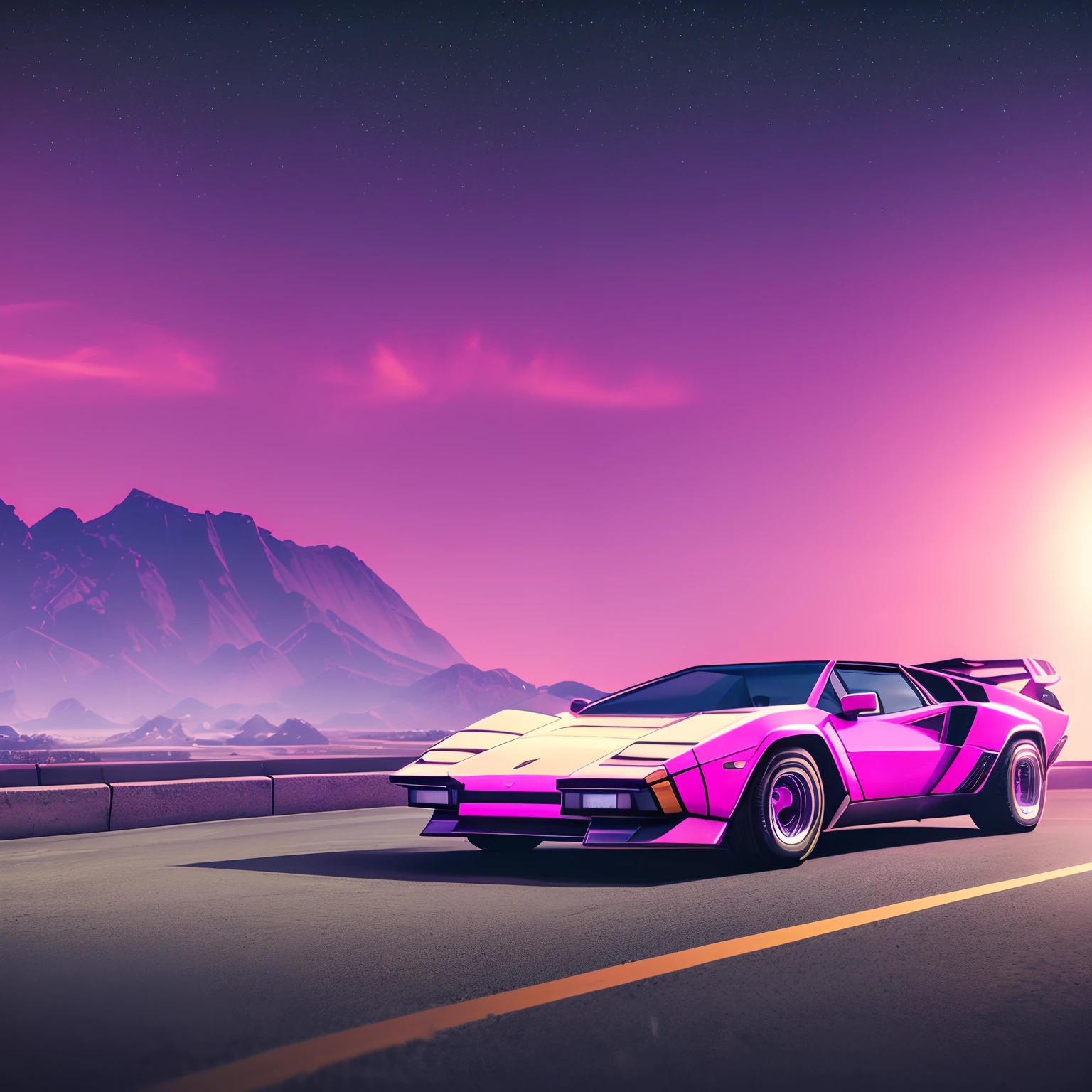 retrowave. 1982 lamborghini countach 500 S model on the road road, purple neon lights, sun, mountain,
(masterpiece,detailed,highres), (nvinkpunk: 1.2) supercarro, solo, estilo snthwve, onda de luz, sun sunset, intrincada, altamente detalhada