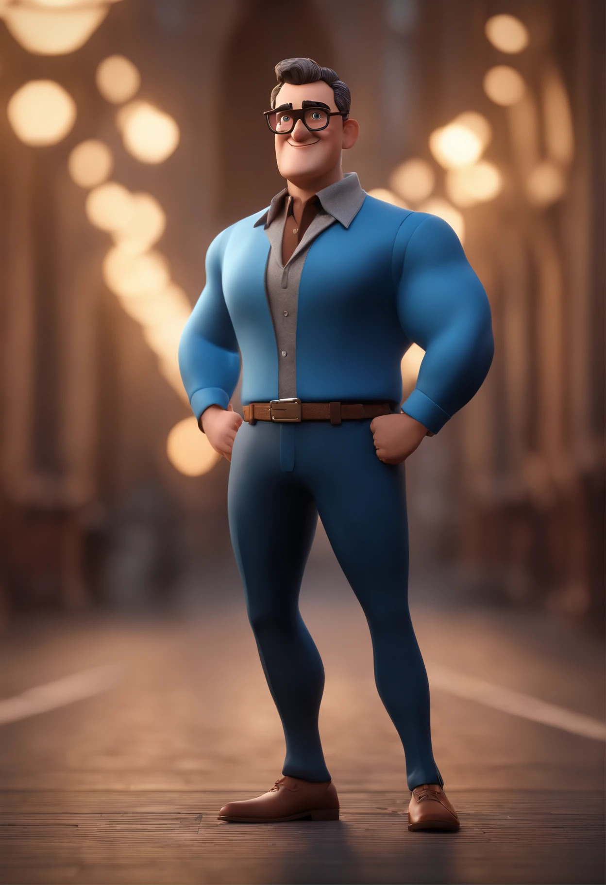 Cartoon character of a man with black glasses and a blue shirt, animation character, Caractere estilizado, animation style rendering, 3D estilizado, Arnold Maya render, 3 d render stylized, toon render keyshot, Personagem 3D, Personagem 3D, 3d rendering stylized, 3 d character render, personagem de desenho animado, Personagem de close up, Pose de personagem,  (Estilo Pixar) (master part:1.2) (Bokeh) (best quality) (pele detalhada) (textura detalhada) (8k) (argila) (Cinematic lighting) (foco nítido