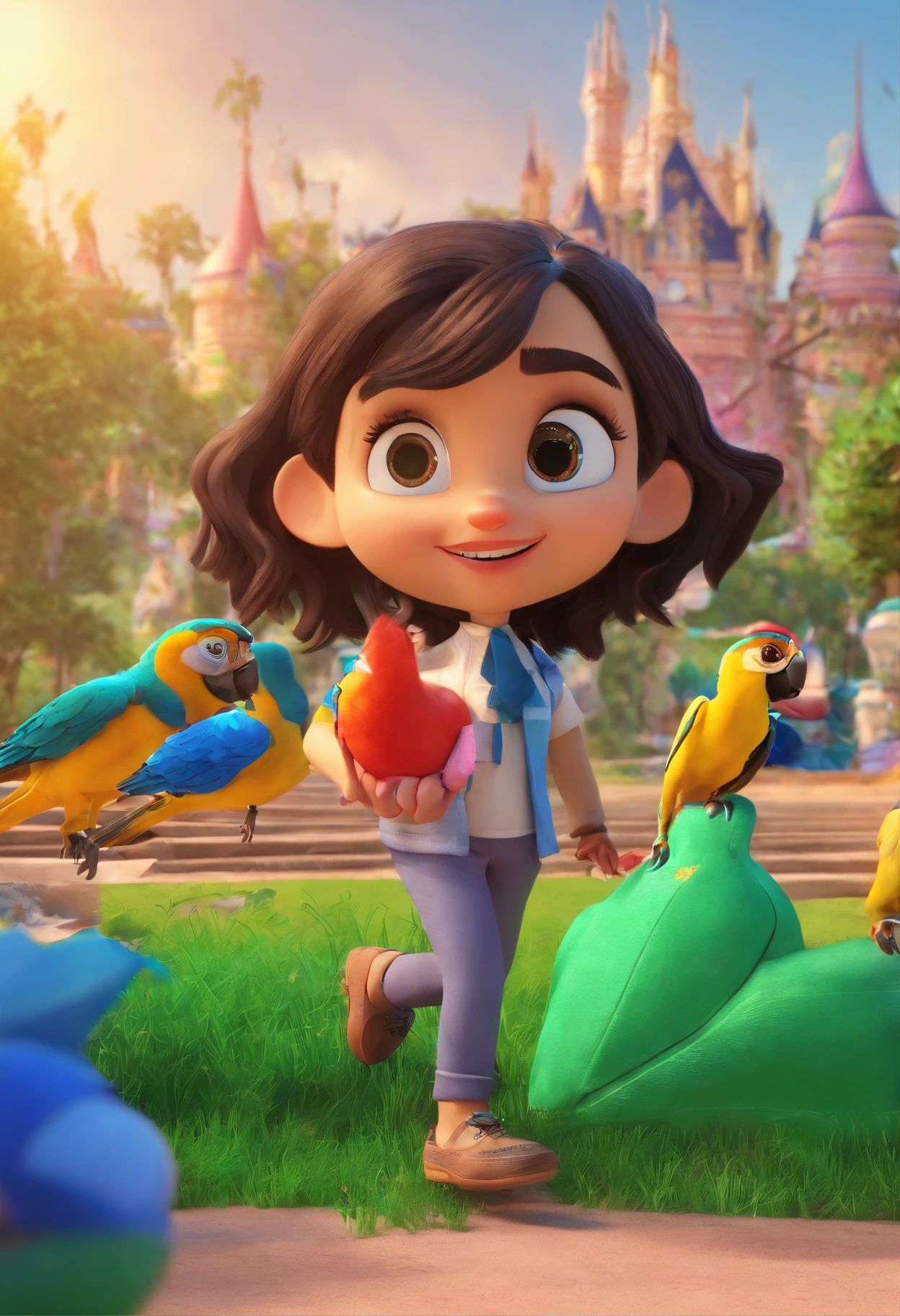 Personagem de desenho, menina de aproximadamente 8 anos de idade, cabelos marron, olhos castanhos,super feliz, segurando um celular e um saquinho de amendoim, in a park with several macaws in the background, ela veste uma camisa colorida, estilo Disney