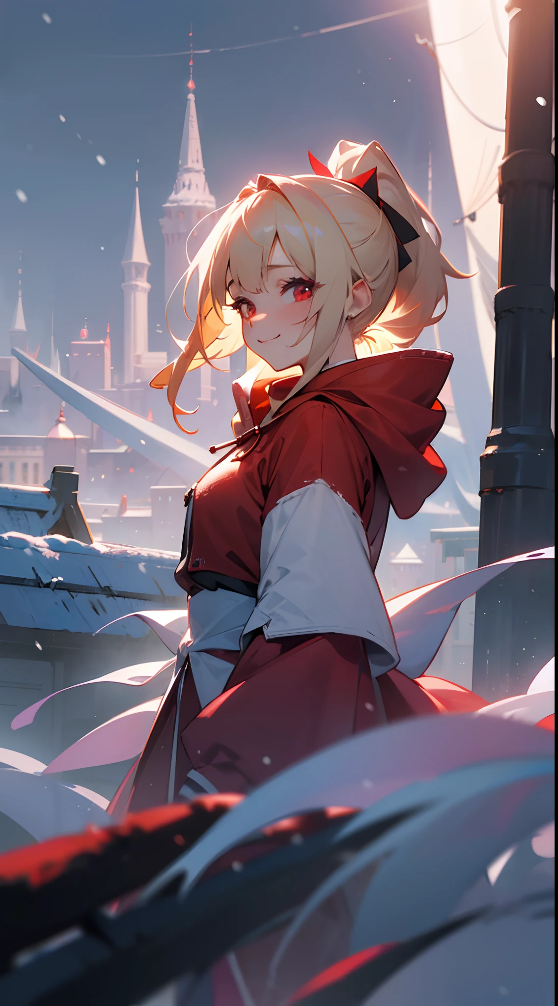 1girl in,a blond、Pony tail、Red Eyes、small tits,A smile、Laugh、Wearing a red hoodie,city,winter snow,Night,absurderes,hight resolution, ultrasharp, 8K, masutepiece, Looking at Viewer, Fantasy, Magical, Snow-covered rooftop, Frozen breath rises, Glowing streetlights, Ethereal Atmosphere, Dreams, quiet street, Distant city skyline, Fluffy and snowy, Intricate details of the girl's face and outfit, Delicate snowflakes on her eyelashes, mysterious expression, seductive beauty, a captivating gaze, Snowy trees々, Blurry lights in the background, Bright red contrasting with snow-white snow, captivating scene, Evoke a sense of wonder and magic.