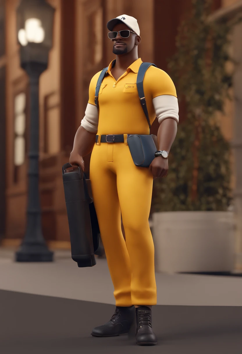 Personagem dos desenhos animados de um garoto com usando uma camisa polo amarela, denim trousers, Cap with a black circle in the center, botinha preta, Holding a tool case and looking content, animation character, Caractere estilizado, animation style rendering, 3D estilizado, 3 d render stylized, toon render keyshot, Personagem 3D, Personagem 3D, renderizado