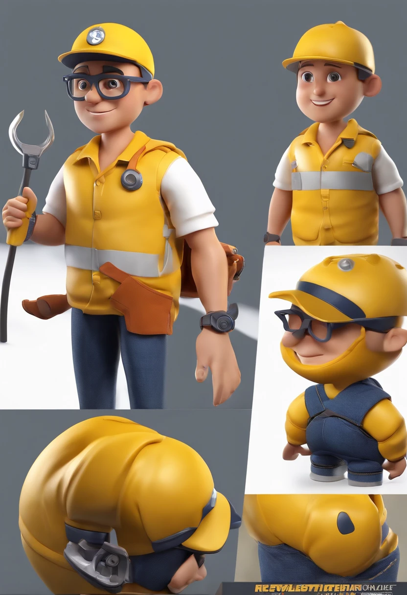 Personagem dos desenhos animados de um garoto com usando uma camisa polo amarela, denim trousers, Cap with a black circle in the center, botinha preta, Holding a tool case and looking content, animation character, Caractere estilizado, animation style rendering, 3D estilizado, 3 d render stylized, toon render keyshot, Personagem 3D, Personagem 3D, renderizado