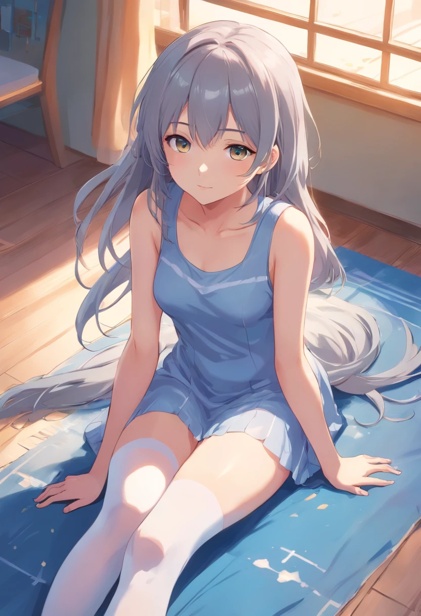 Cute loli,long whitr hair,Leaky shoulders,Barefoot,head looking up,Lie on the ground,Raise your feet,shift dresses,white panties,largeeyes,Anime cute face,Loli,long white socks,masturbation