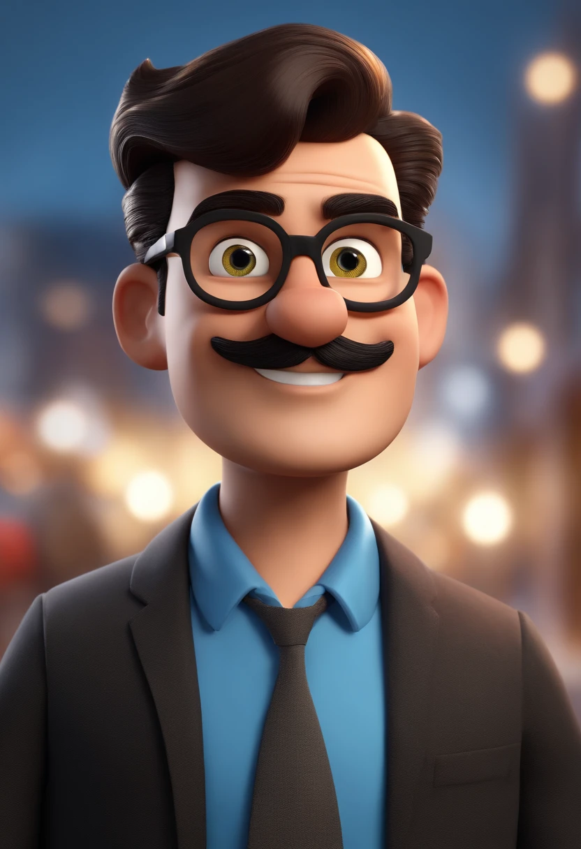 Cartoon character of a man wearing black glasses and a blue shirt, um personagem animado, rosto e corpo magro, bigode e cavanhaque, cachorro amarelo, Caractere estilizado, animation style rendering, 3D estilizado, Arnold Maya render, 3 d render stylized, toon render keyshot, Personagem 3D, Personagem 3D, 3d rendering stylized, 3 d character render, personagem de desenho animado, Personagem de close up, Pose de personagem,  (Estilo Pixar) (master part:1.2) (Bokeh) (best quality) (pele detalhada) (textura detalhada) (8k) (argila) (Cinematic lighting) (foco nítido