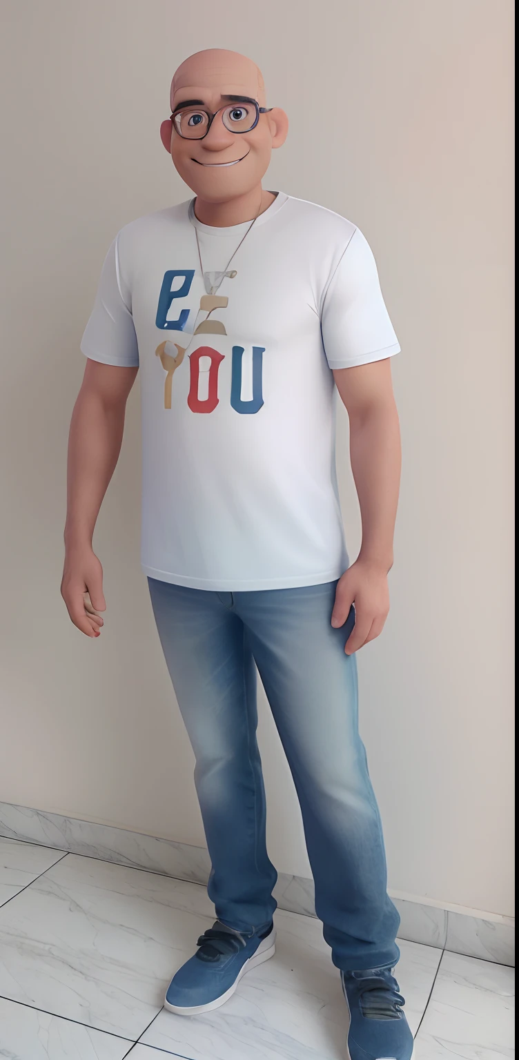 quero um desenho de um homem elegante,  careca, OCULOS QUADRADO, sorridente, Wearing light blue pants, Camiseta, sneaker, portanto,, disney pixar desenho animado