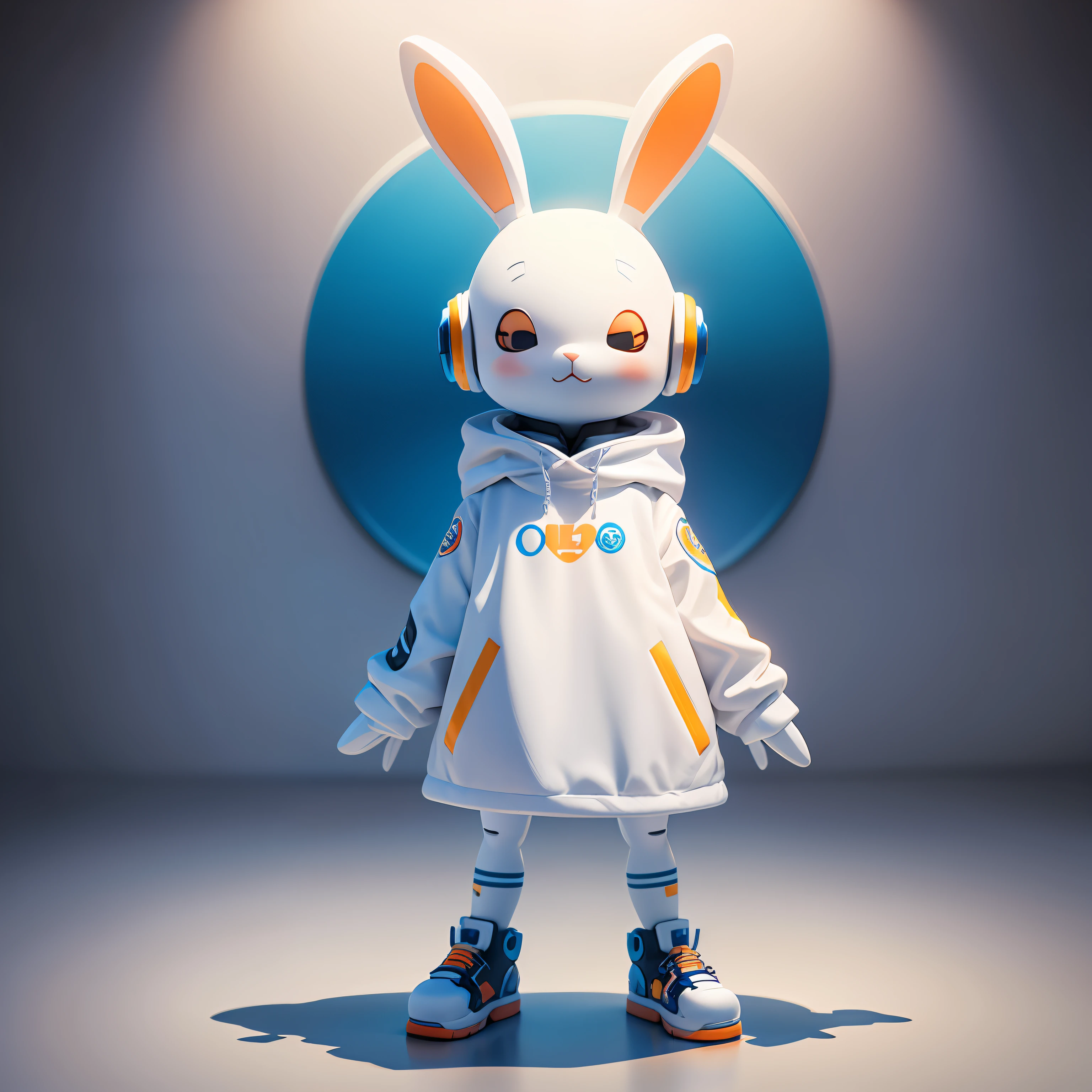 there is a white bunny with headphones on and a blue background,clean backdrop， cute 3 d render, vinyl toy figurine, cute anthropomorphic bunny, edgBunny_Character, electrixbunny, Orange coat, vinyl designer toy, toon render keyshot, vinyl action figure, high res render, 3 d render stylized, rabbit robot，Cool，sci-fy，Young --auto