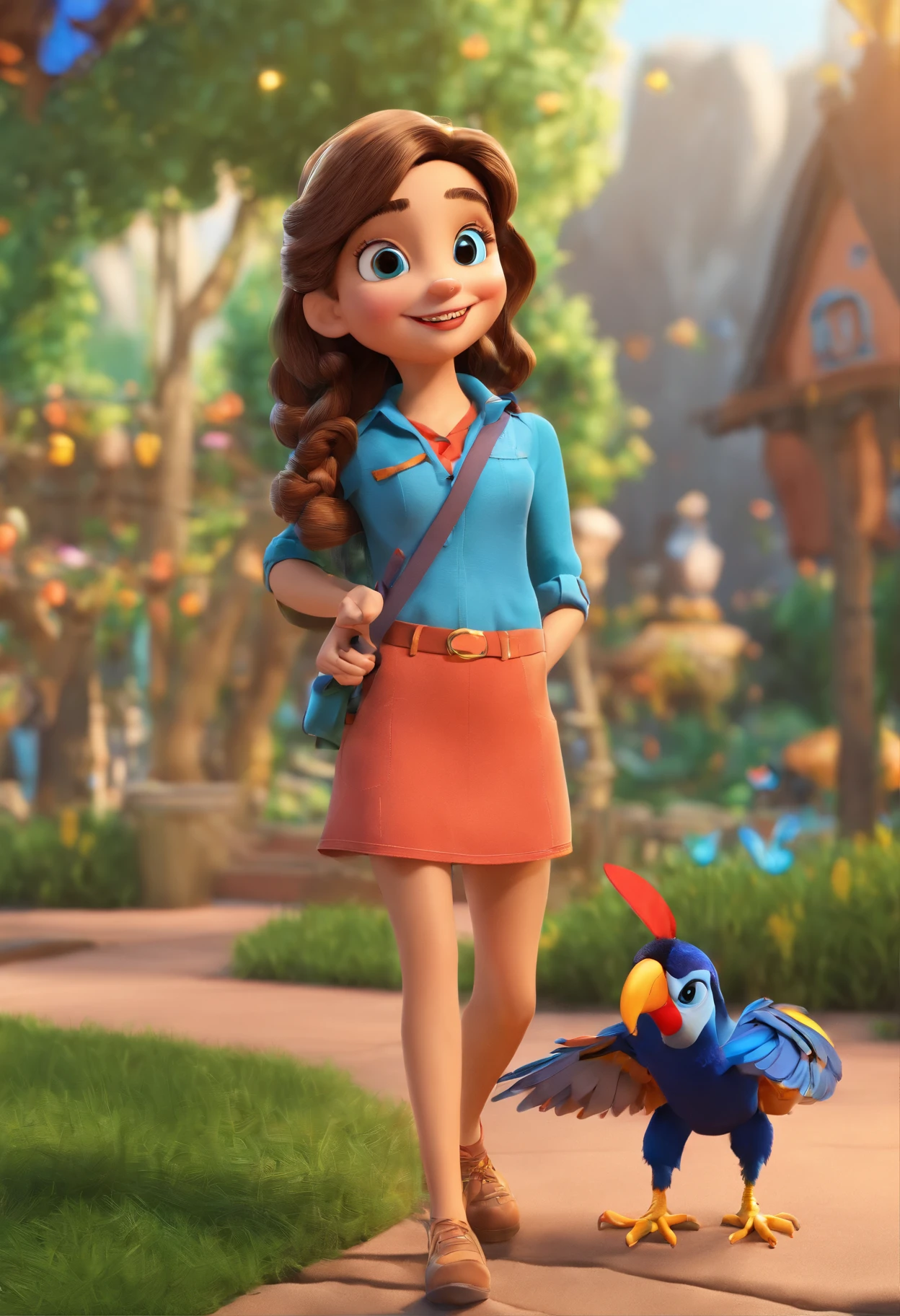 Personagem de desenho, de aproximadamente 8 anos de idade, cabelos marron, olhos castanhos,super feliz, segurando um celular e um saquinho de amendoim, in a park with several macaws in the background, ela veste uma camisa colorida, estilo Disney