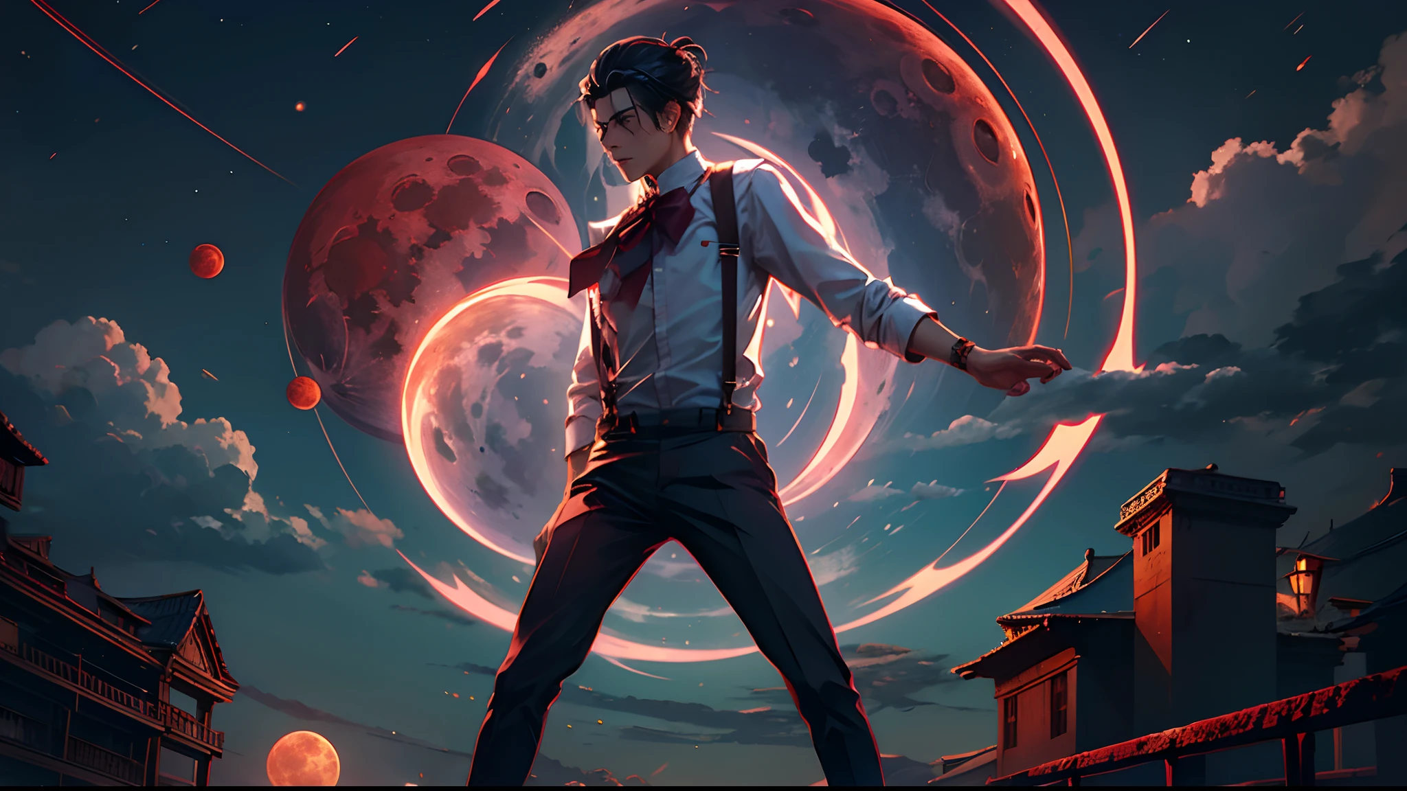 Blood Moon，meteors，As estrelas，Boy student，dark cloude，middle parted hairstyle，Suspenders