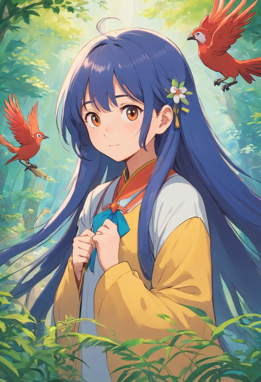 Long hair，girl，Qingluan bird anthropomorphism