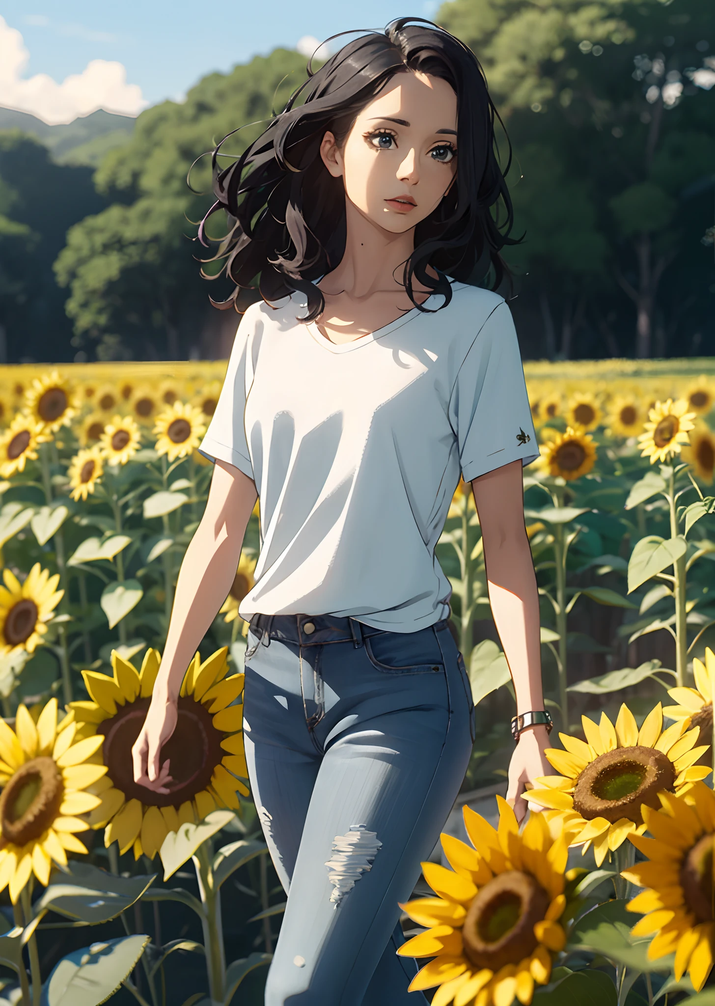Disney Pixar-style image with the title "JULIANA", mulher de 30 anos morena, rosto redondo, medium black hair with wavy golden highlights, olhos verdes, with jeans, blusa verde e botina, Walking in sunflower and cotton fields