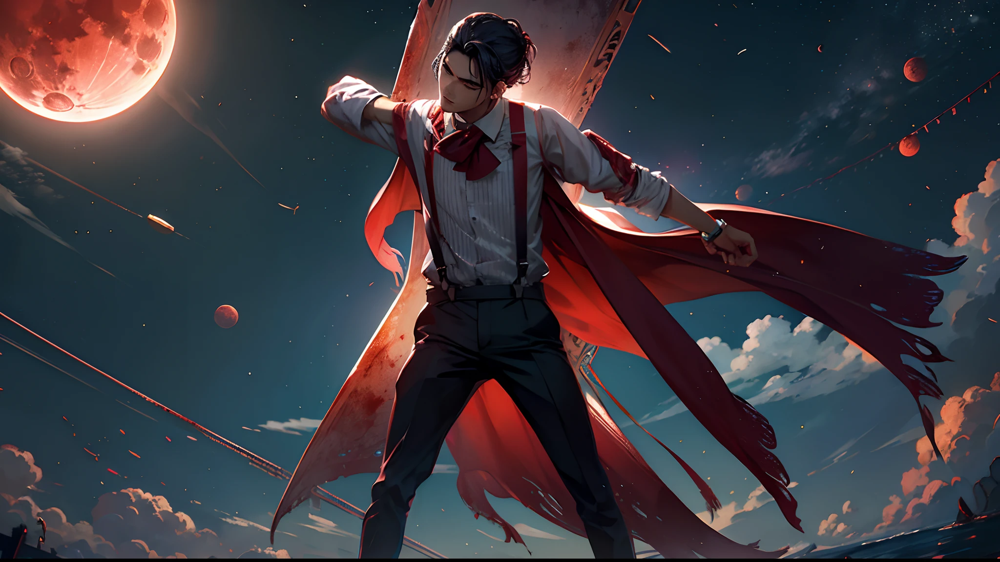 Blood Moon,meteors,As estrelas,,dark cloude,middle parted hairstyle,Suspenders
