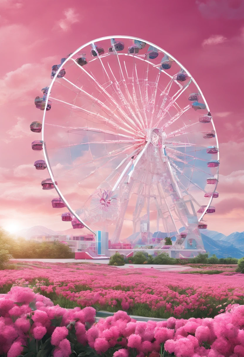Clear blue sky and white clouds ,Pink flower fields under the Ferris wheel