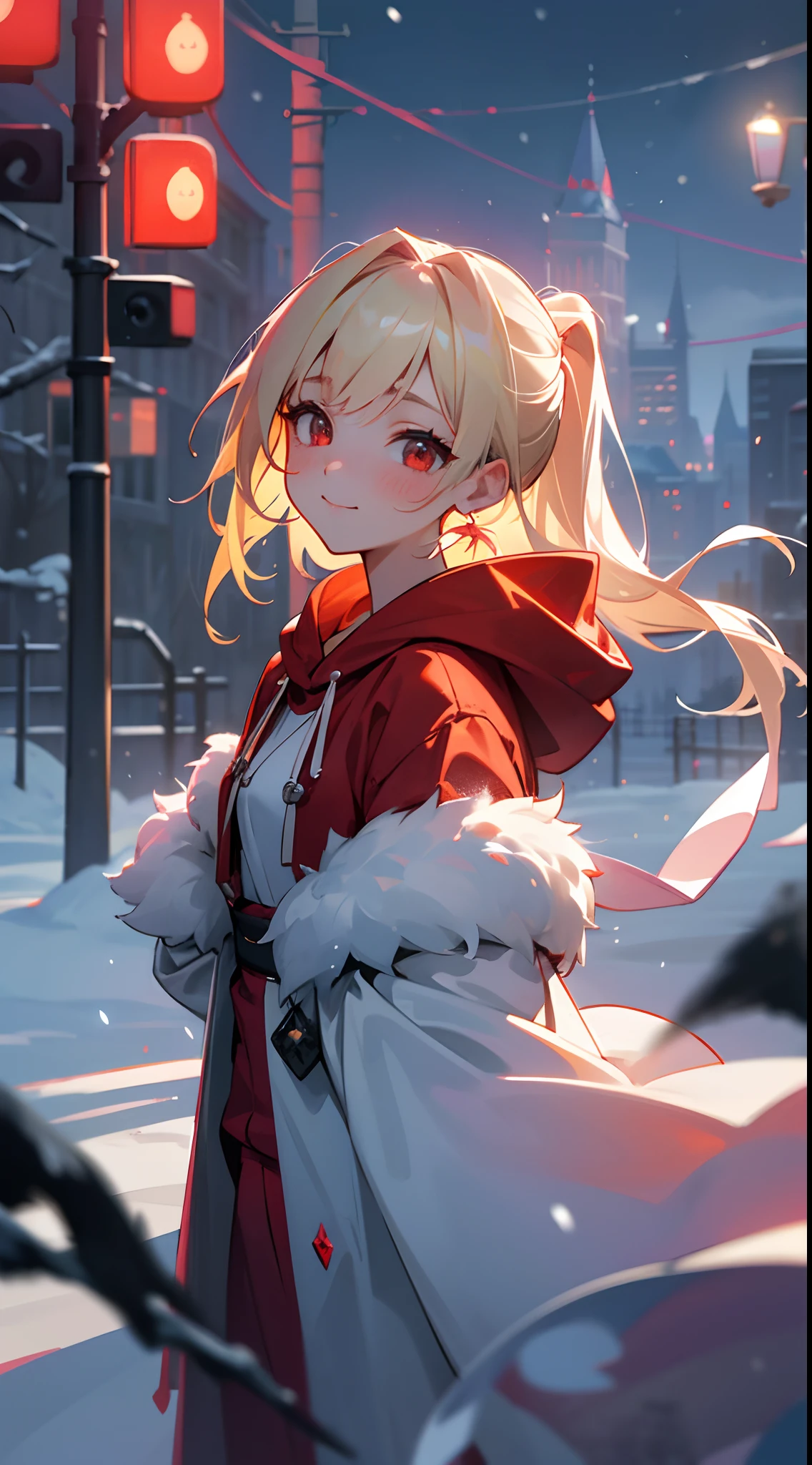 1girl in,a blond、Pony tail、Red Eyes、small tits,A smile、Laugh、Wearing a red hoodie,city,winter snow,Night,absurderes,hight resolution, ultrasharp, 8K, masutepiece, Looking at Viewer, Fantasy, Magical, Snow-covered rooftop, Frozen breath rises, Glowing streetlights, Ethereal Atmosphere, Dreams, quiet street, Distant city skyline, Fluffy and snowy, Intricate details of the girl's face and outfit, Delicate snowflakes on her eyelashes, mysterious expression, seductive beauty, a captivating gaze, Snowy trees々, Blurry lights in the background, Bright red contrasting with snow-white snow, captivating scene, Evoke a sense of wonder and magic.