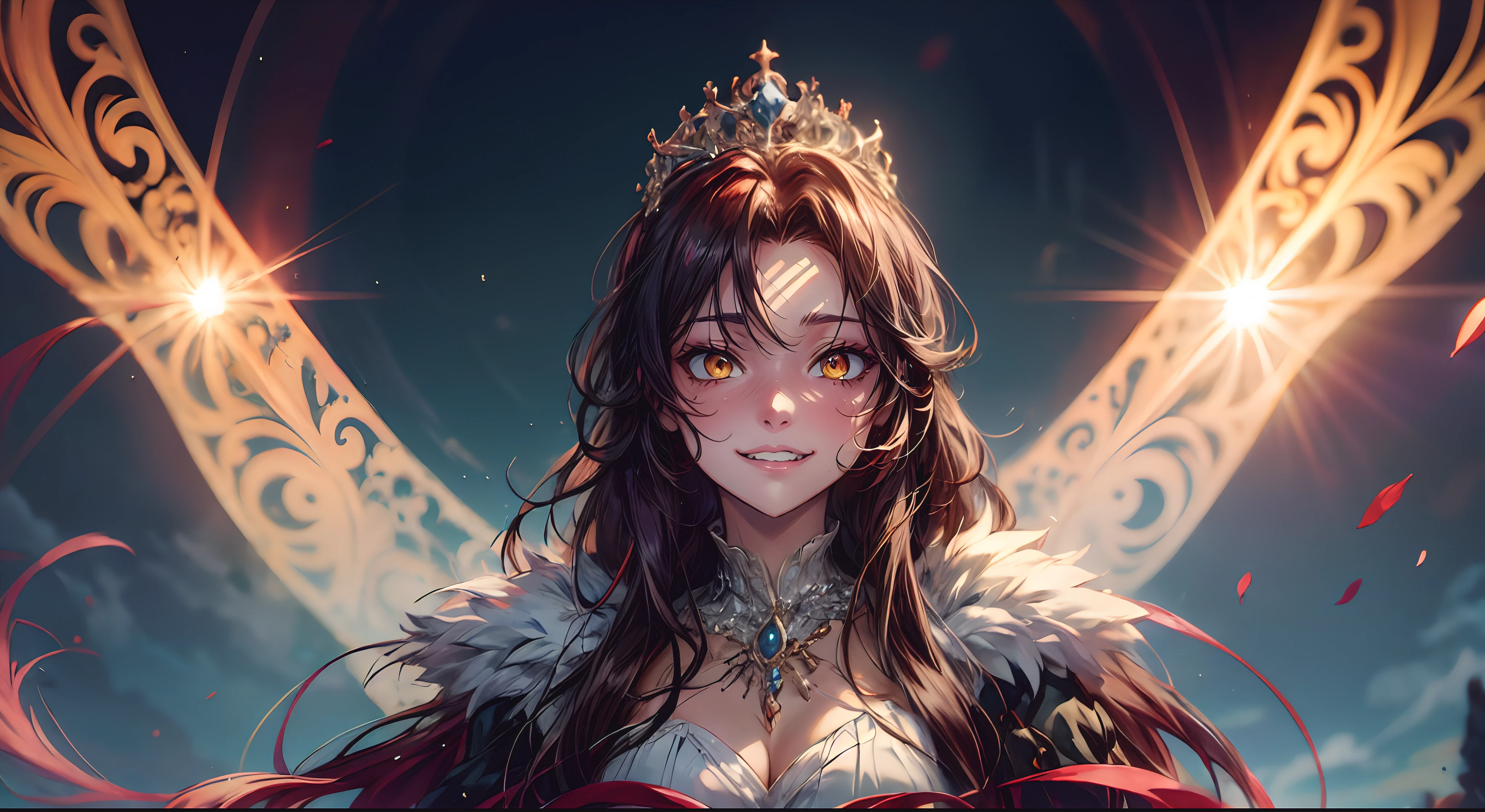Princesa das trevas com os olhos de sangue, red hair, crown, evil smile, anime style, lens flare, high detail, first-person view, cinematic lighting, masterpiece, super detail, best quality, 8k, UHD, "long shot scenic professional photograph of {prompt}, perfect viewpoint, highly detailed, wide-angle lens, hyper realistic, with dramatic sky, polarizing filter, natural lighting, vivid colors, everything in sharp focus, HDR, UHD, 64K", anime coloring, anime screencap, sweating,