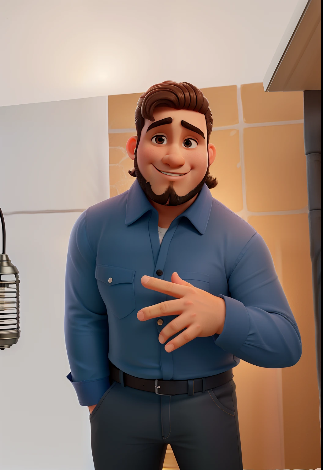 Um gordinho de cabelo cortado em volta de uma cadeira de barbeiroaltura de 1,70, illuminated by the light of a lamp, contra o pano de fundo de uma barbearia