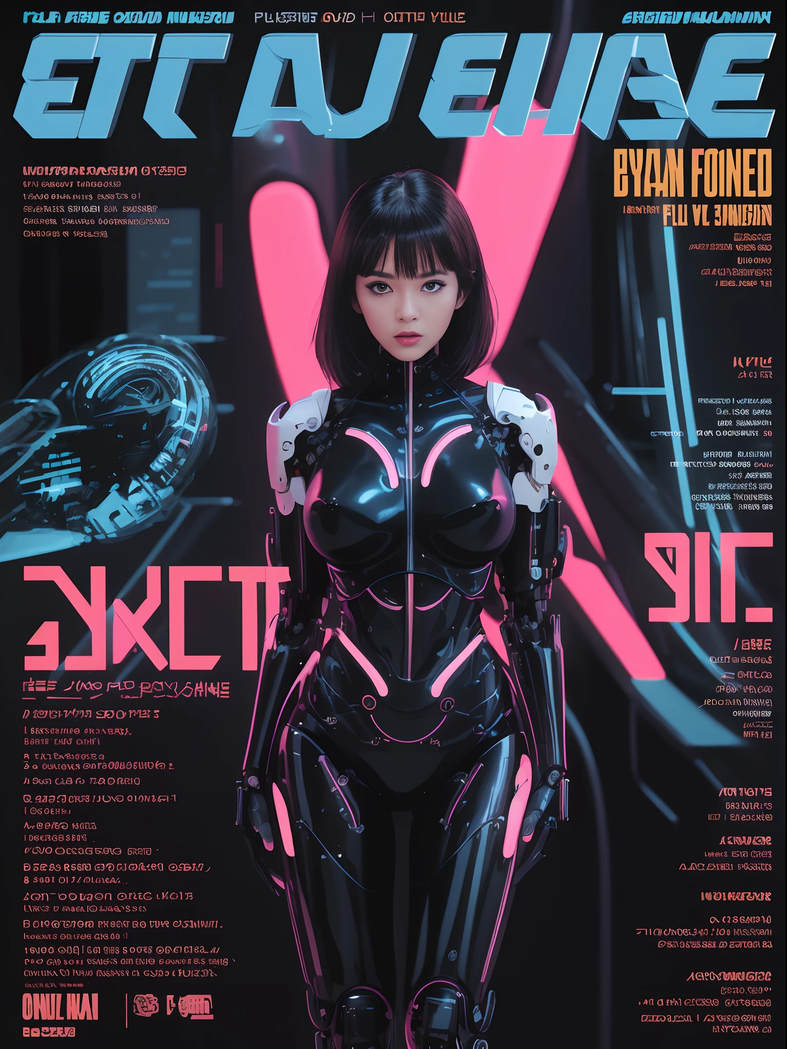 sexy cyborg, magazine cover, poster art , hint of neon vibrant, bold huge text, film grain