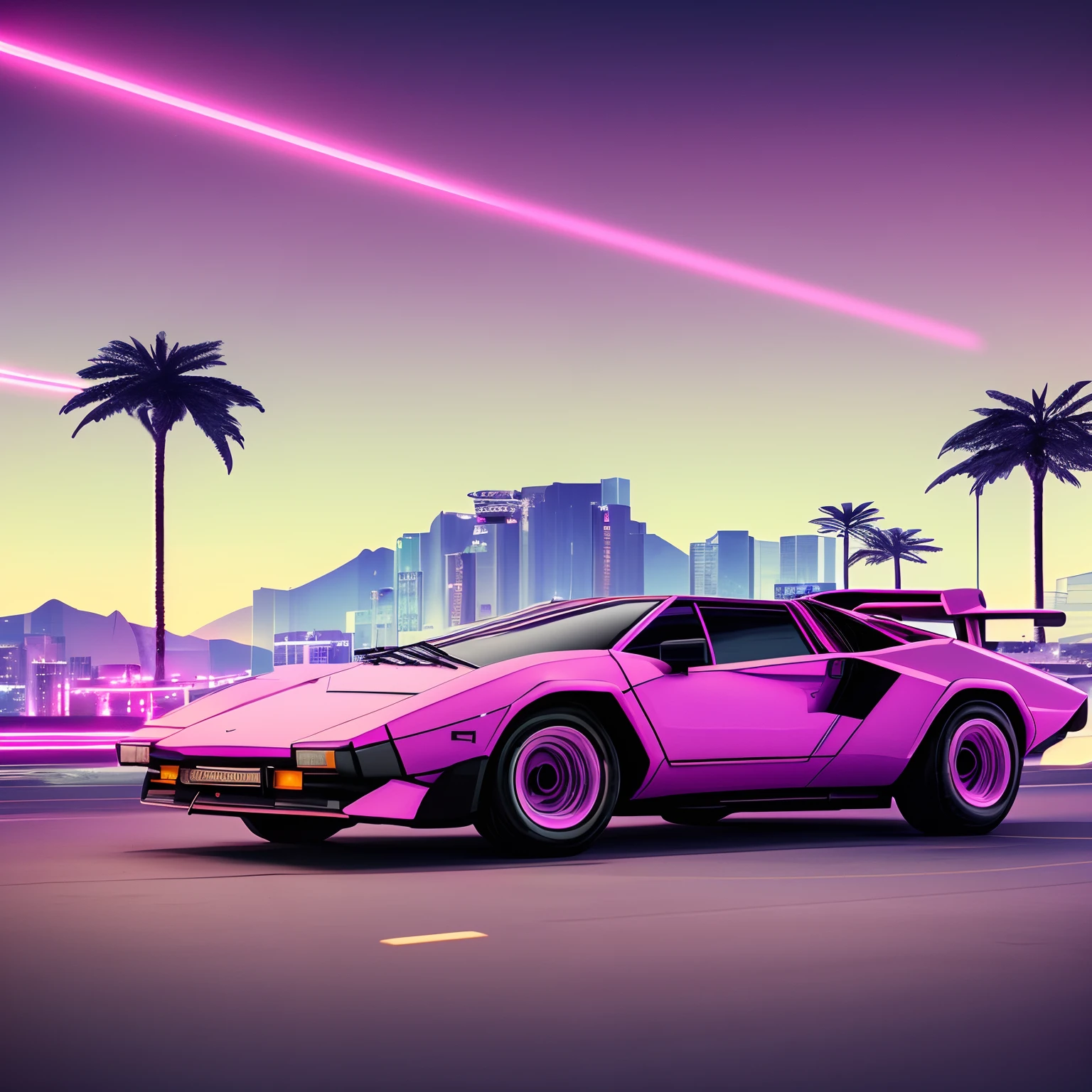 retrowave. 1982 lamborghini countach 500 S model on the road road,  purple neon lights, sun, mountain, 
(masterpiece,detailed,highres), (nvinkpunk: 1.2) supercarro, solo, estilo snthwve, onda de luz, sun sunset, intrincada, altamente detalhada