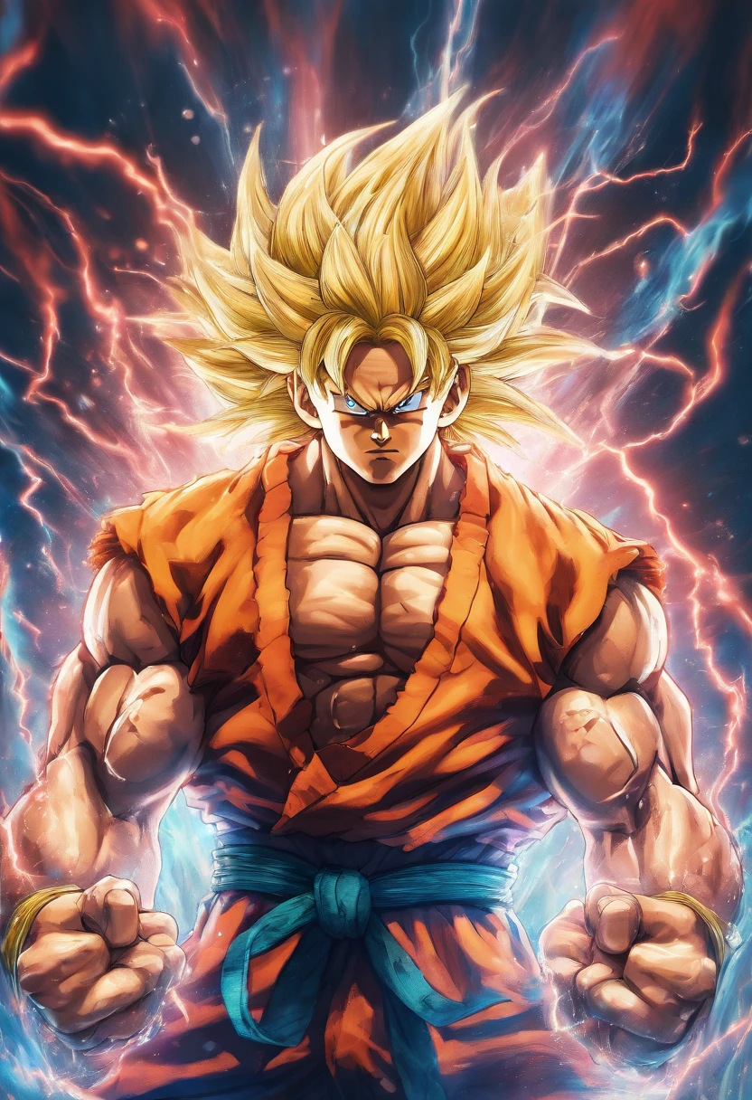 Award wining professional of a (full body photo portrait:1.4) of sangoku in fighting stance position, surrender by aura Brilliant and Crackling with Energy, (detailed perfect muscular fit body:1.2),SAIYA,(looking at viewer),(white eyes:1.2),(blond long hair, super saiyan, spiked hair, aura, electricity), Sangoku standing, in profile, arm outstretched, hand open, enormous spherical energy from his hand, lightning, luminous aura, blinding light <lora:supersaiyan:0.8>