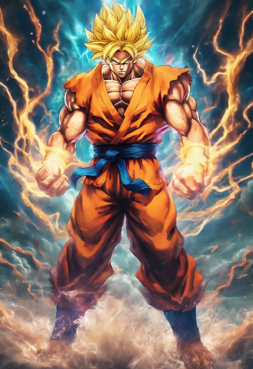 Realistic 3D rendering of Goku Super Saiyan fused Aquaman, surrounded by lightning, grande musculatura, fotografia de corpo inteiro, hiper-realista