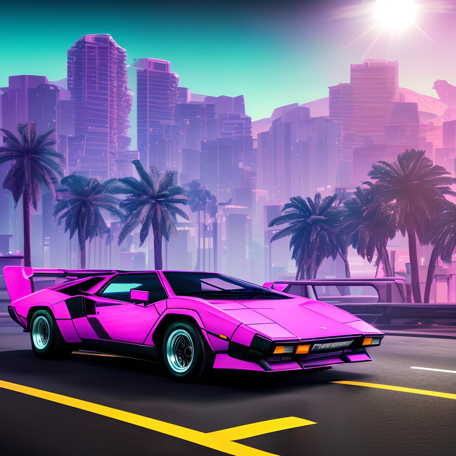 retrowave. 1982 lamborghini countach 500 S model on the road road,  purple neon lights, sun, mountain, 
(masterpiece,detailed,highres), (nvinkpunk: 1.2) supercarro, solo, estilo snthwve, onda de luz, sun sunset, intrincada, altamente detalhada