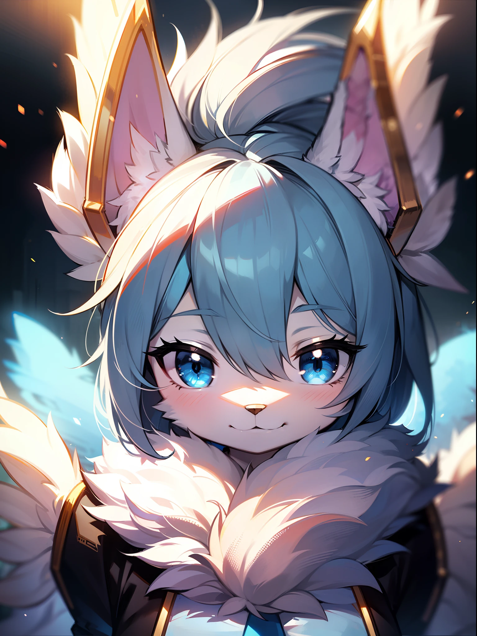 furry, white fur, ultra cute face, blue elements on fur, beautiful lights and shadows, ambient light, ultra detailed fur, volumetric light, cute.