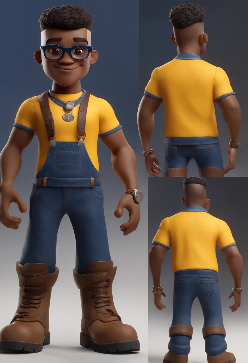 personagem dos desenhos animados de um homem negro, jovem, com 36 anos, Wearing black glasses and a blue sweatshirt, cabelo careca, cortado em estilo degrade, Yellow shirt and dark blue Jens pants, com oculos e um pouco gordinho animation character, Caractere estilizado, animation style rendering, 3D estilizado, Arnold Maya render, 3 d render stylized, toon render keyshot, Personagem 3D, Personagem 3D, 3d rendering stylized, 3 d character render, personagem de desenho animado, Personagem de close up, Pose de personagem, (Estilo Pixar) (master part:1.2) (Bokeh) (best quality) (pele detalhada) (textura detalhada) (8k) (argila) (Cinematic lighting) (foco nítido