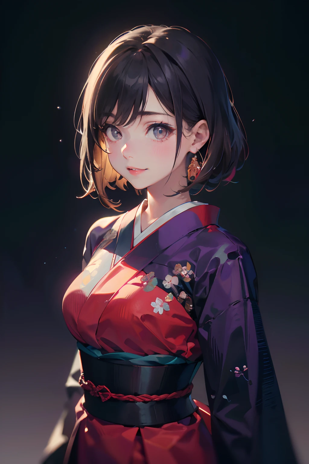 a 20 yo woman、Brown hair、Bery short hair、Big smile、Purple long dress(hi-top fade:1.3)、dark themed、Muted Tones、Subdued Color、highly contrast、(natural skin textures、Hyper-Realism、Soft light、sharp) {{{{masterpiece}}}}, {{{hyper detailed}}}, {{{highres}}}, {{good anatomy}}, (((best quality))), ((an extremely delicate and beautiful)), {{an extremely detailed and delicate}}, {8k cg wallpaper}, {{illustration}}, (greyscale with colored background:1), white and black background, (chromatic aberration:1.2), upper body, mature female, (1girl:1), solo, oiran, (japanese clothes:1.2), medium breasts, hiten1,