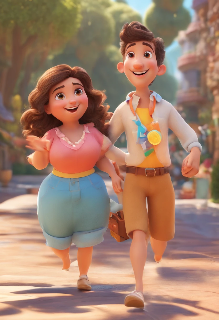 Cartoon of friends having fun on vacation together, 3D Animation Movie Poster, Poster de filme animado, pixar 3 d animation style, pixar renderman rendering, maia 8 mil, animated film, Disney Pixar Estilo 3D, amigos felizes saem juntos, all wearing light blue shirts and cream brown long pants, camisa azul clara, cream brown pants, ao ar livre, vacation, Disney Pixar Animation Poster