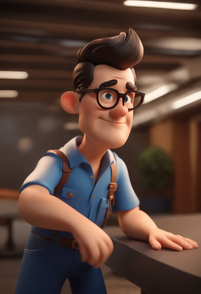 Cartoon character of a man wearing black glasses and a blue shirt, um personagem animado, Caractere estilizado, animation style rendering, 3D estilizado, Arnold Maya render, 3 d render stylized, toon render keyshot, Personagem 3D, Personagem 3D, 3d rendering stylized, 3 d character render, personagem de desenho animado, Personagem de close up, Pose de personagem, (Estilo Pixar) (master part:1.2) (Bokeh) (best quality) (pele detalhada) (textura detalhada) (8k) (argila) (Cinematic lighting) (foco nítido，Senta e vaza a parte superior do corpo