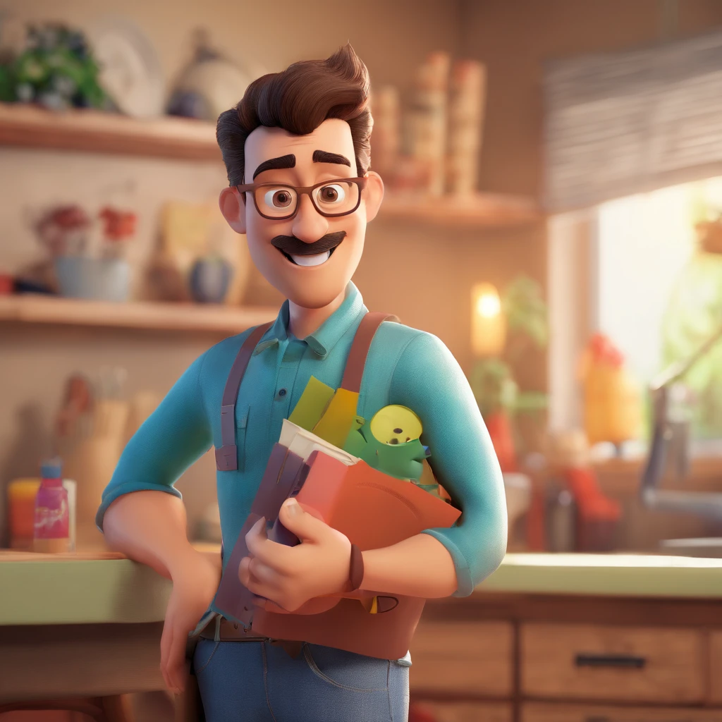 Crie um cartaz inspirado na Disney Pixar com um homem bonito, com barba e cabelo grisalho.