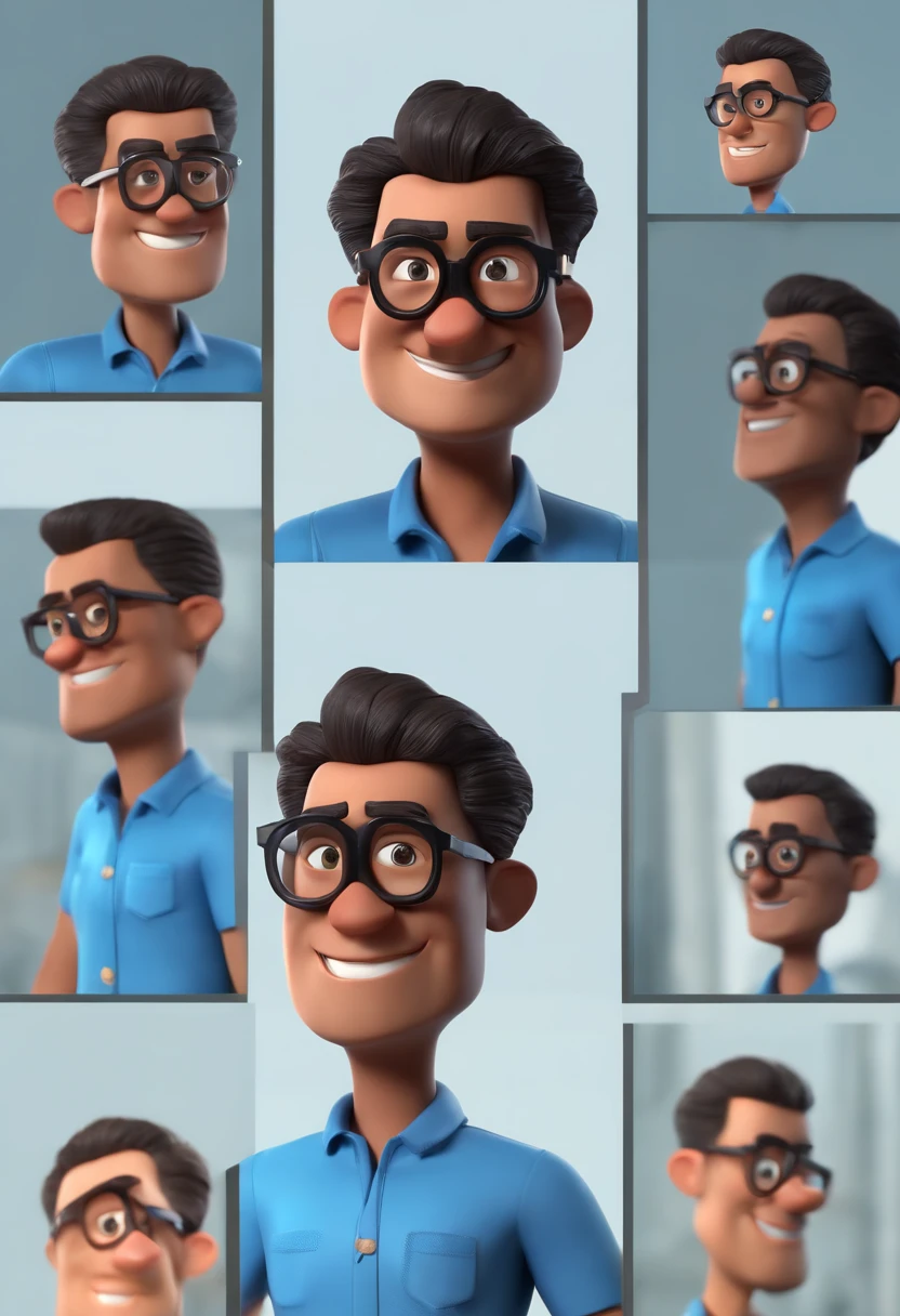Cartoon character of a man with black glasses, cabelo cacheado marrom escuro e uma camisa azul, animation character, Caractere estilizado, animation style rendering, 3D estilizado, Arnold Maya render, 3 d render stylized, toon render keyshot, Personagem 3D, Personagem 3D, 3d rendering stylized, 3 d character render, personagem de desenho animado, Personagem de close up, Pose de personagem, (Estilo Pixar) (master part:1.2) (Bokeh) (best quality) (pele detalhada) (textura detalhada) (8k) (argila) (Cinematic lighting) (foco nítido