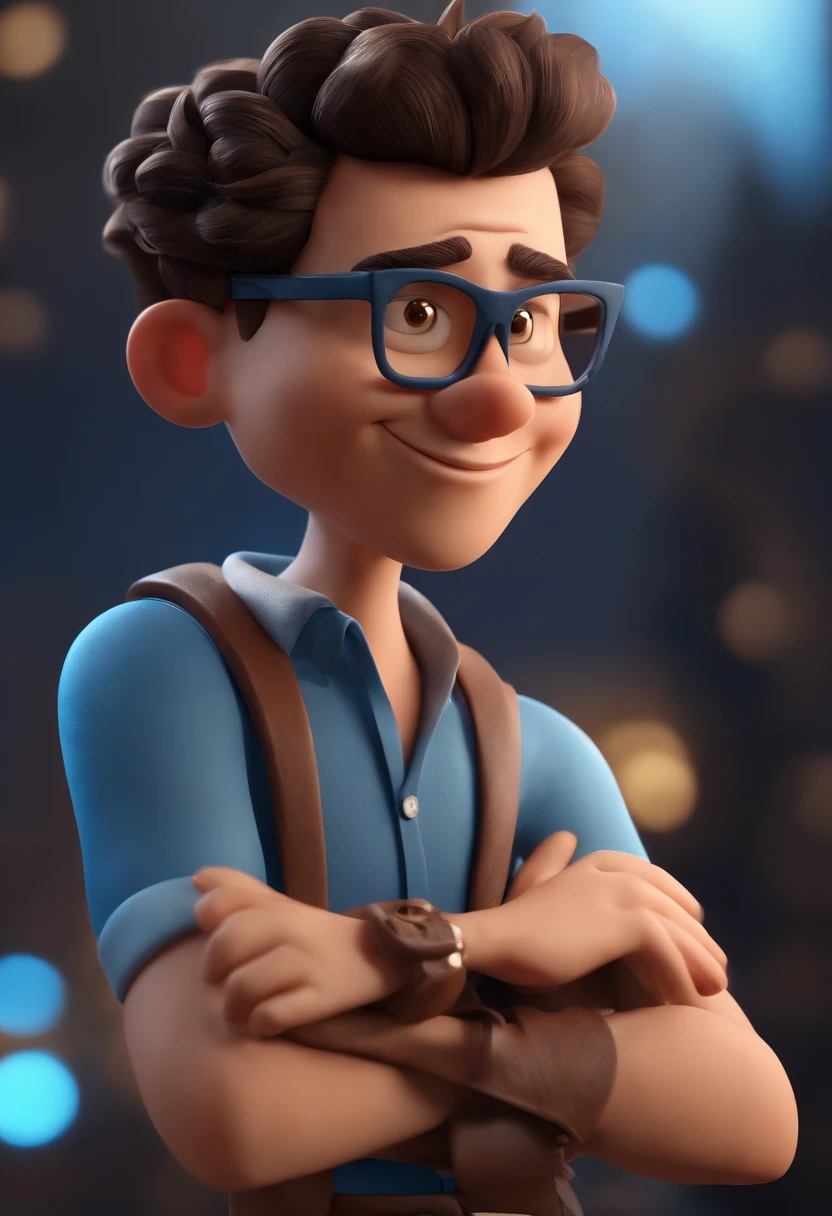 Cartoon character of a man with black glasses, cabelo cacheado marrom escuro e uma camisa azul, animation character, Caractere estilizado, animation style rendering, 3D estilizado, Arnold Maya render, 3 d render stylized, toon render keyshot, Personagem 3D, Personagem 3D, 3d rendering stylized, 3 d character render, personagem de desenho animado, Personagem de close up, Pose de personagem, (Estilo Pixar) (master part:1.2) (Bokeh) (best quality) (pele detalhada) (textura detalhada) (8k) (argila) (Cinematic lighting) (foco nítido