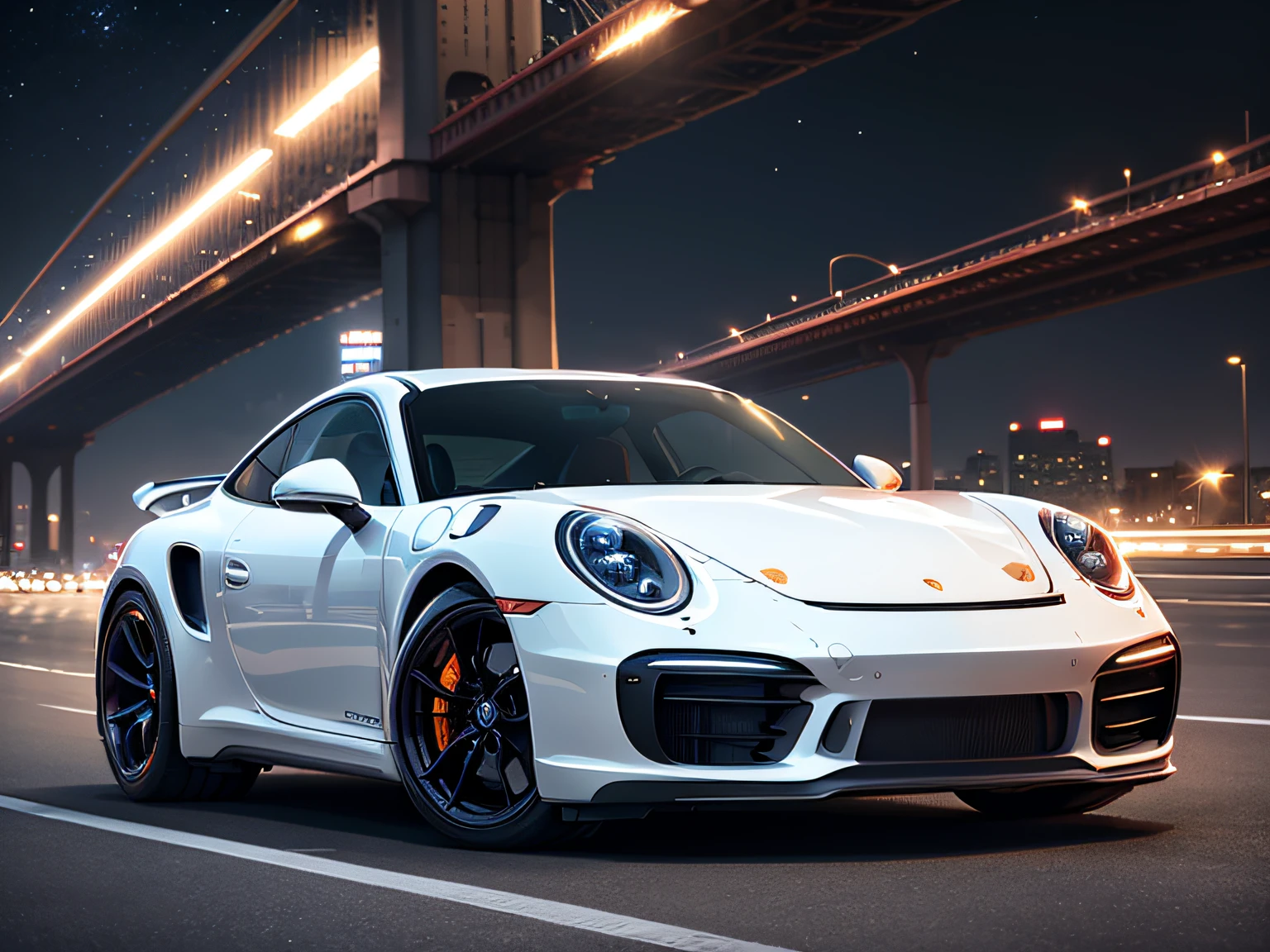 超A high resolution、An ultra-high picture quality、8K、Detailed details、marvelous expression、Big city at night、 Porsche 911 TurboＳ(Pearl White)Driving on the highway、Turn on the headlights、Ride beautifully through the highway at night、