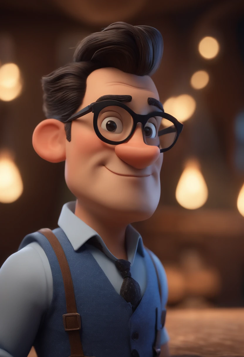 Cartoon character of a man wearing black glasses and a blue shirt, an animated character, Stylized character, animation style rendering, 3D stylized, Arnold Maya render, 3d stylized rendering, toon rendering keyshot, 3D Character, 3D Character , stylized 3d rendering, 3D Character Rendering, cartoon character, Closeup Character, Character Pose, (Pixar Style) (Masterpiece:1.2) (Bokeh) (Best Quality) (Detailed Skin) (Detailed Texture) ( 8k) (clay) (Cinematic lighting) (sharp focus,Sits and leaks the upper body