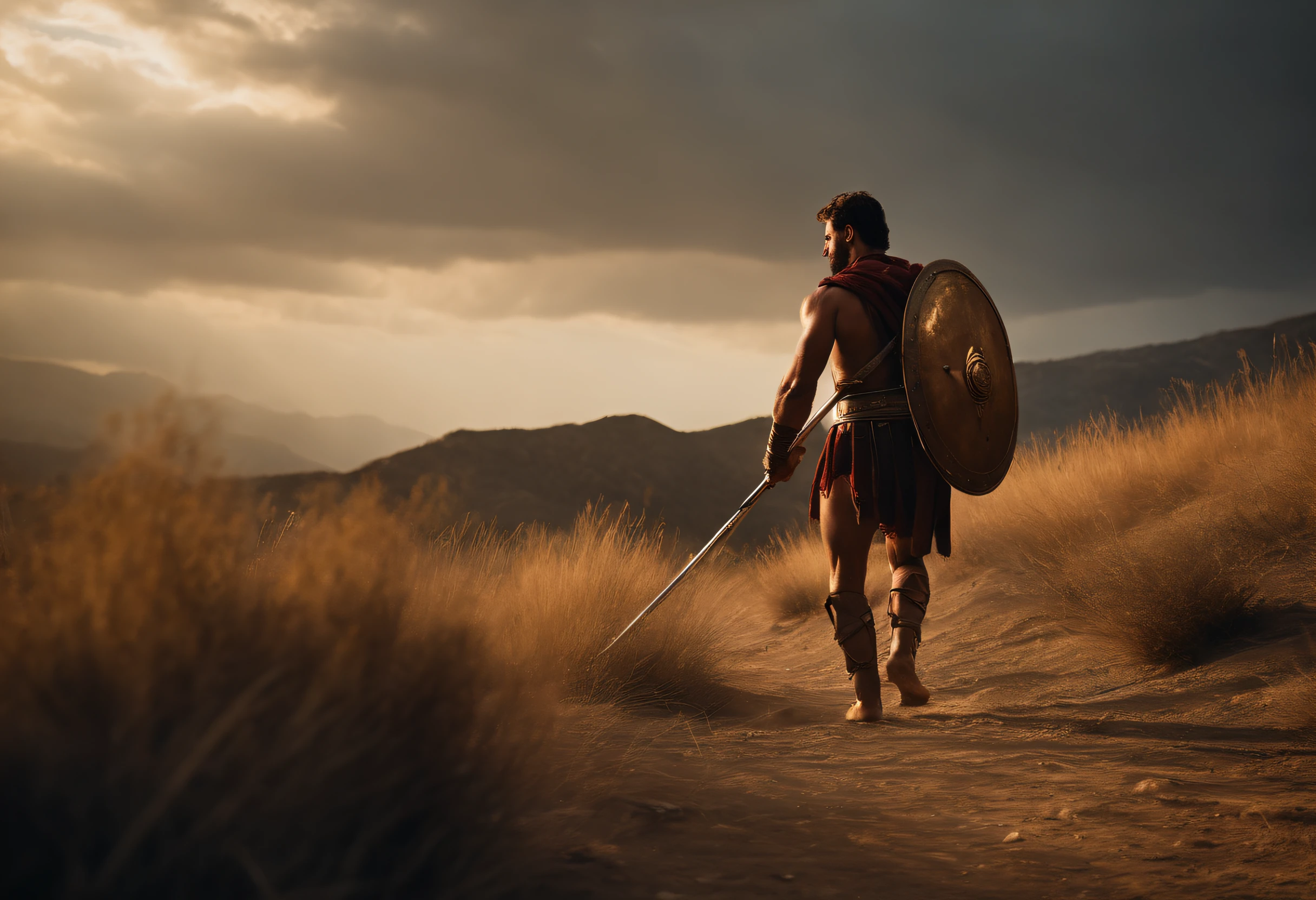 a scene of a young Spartan reaching and being left in the wild with only a spear, capturing the essence of their survival and warrior training, award winning studio photography, professional color grading, soft shadows, no contrast, clean sharp focus, film photography, 35mm lens, Carl Zeiss, f/0.7, highly detailed, hyperdetailed