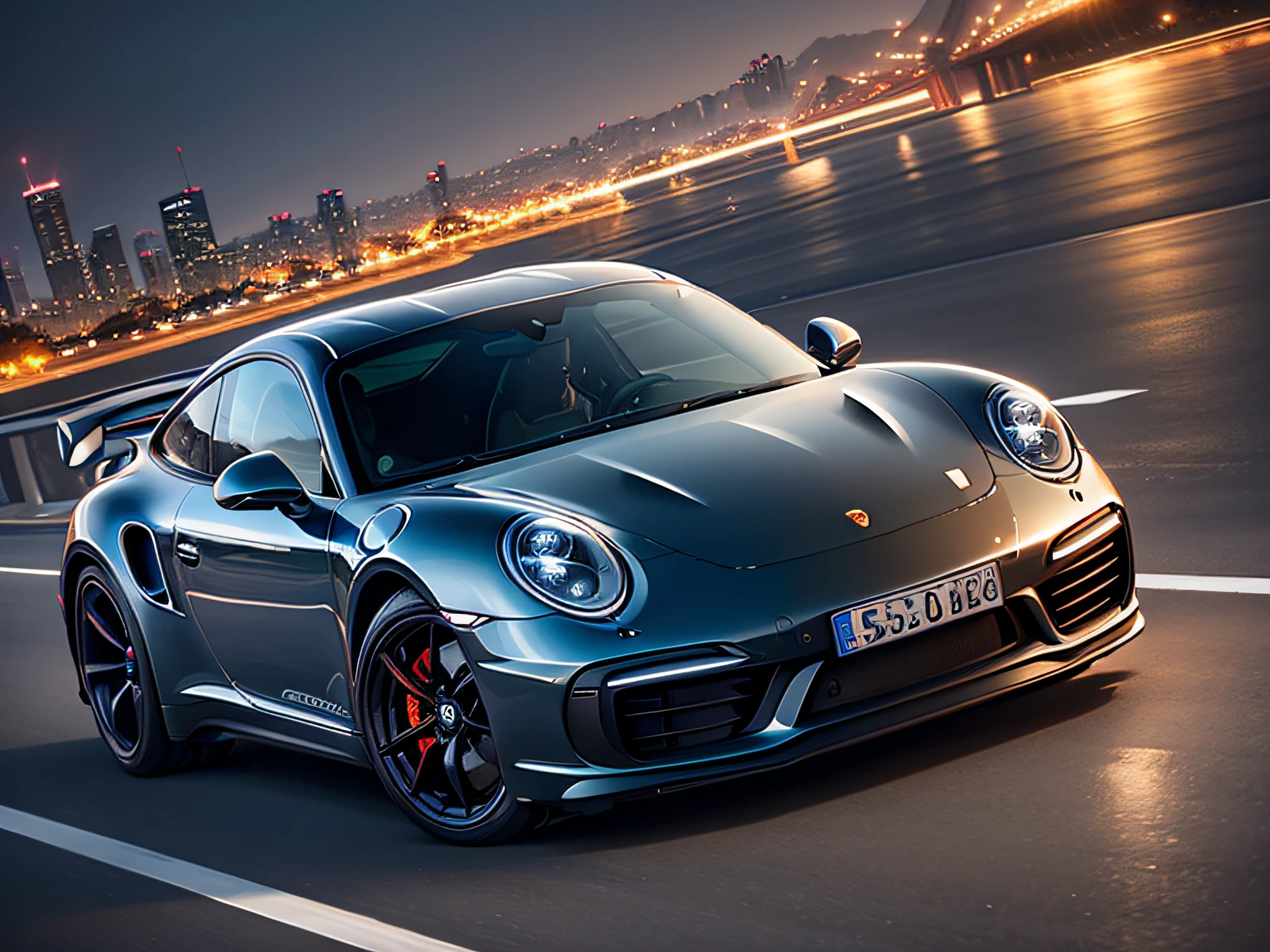 超A high resolution、An ultra-high picture quality、8K、Detailed details、marvelous expression、Big city at night、 Porsche 911 TurboＳ(Pearl White)Driving on the highway、Turn on the headlights、Ride beautifully through the highway at night、