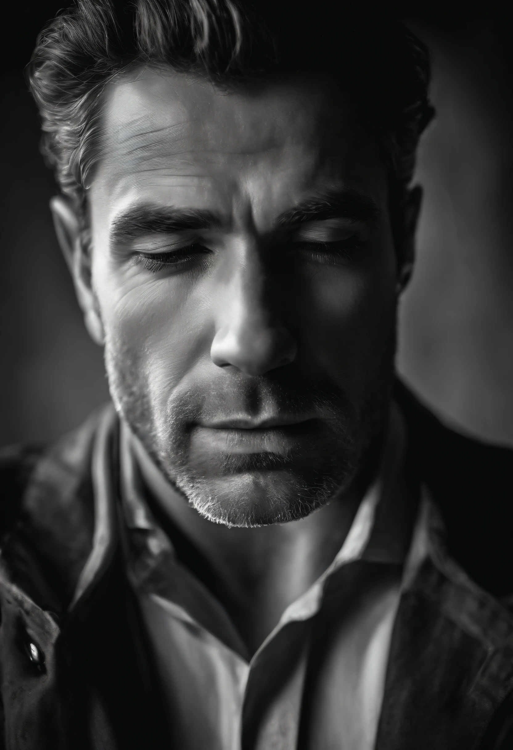 front face of a man looking down, black and white hyper realistic image