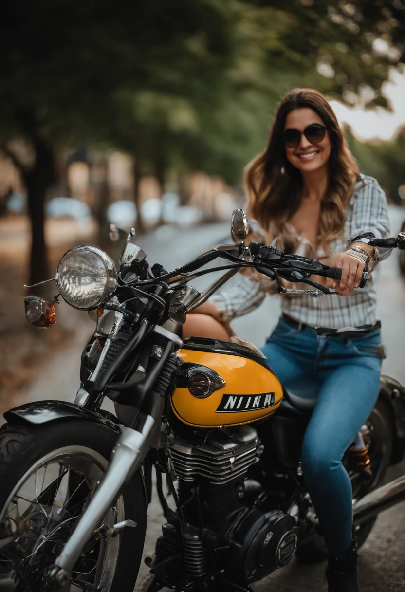 They're sitting on a motorcycle together and smiling at the camera, um retrato de Maksimilijan Vanka, Vencedor do concurso Pexels, fotorrealismo, sentado em uma motocicleta, Photo Session, pilotando uma motocicleta, Foto tirada com Nikon D 7 5 0, Foto tirada com Nikon D750, imagem de perfil, photo shoot, foto retrato, touring